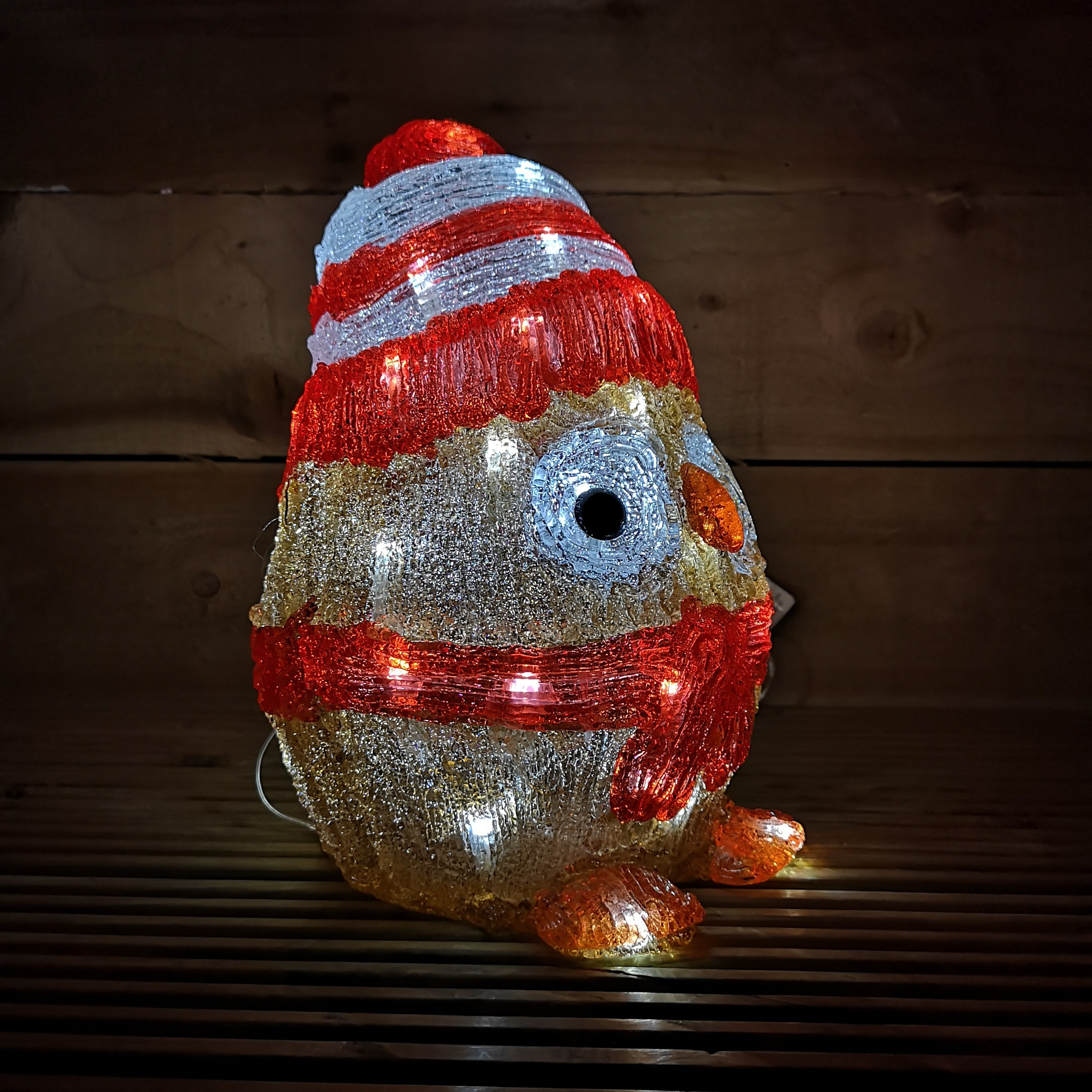 Christmas Acrylic Owl With Christmas Hat & Scarf 40 LED Lights & Timer Function