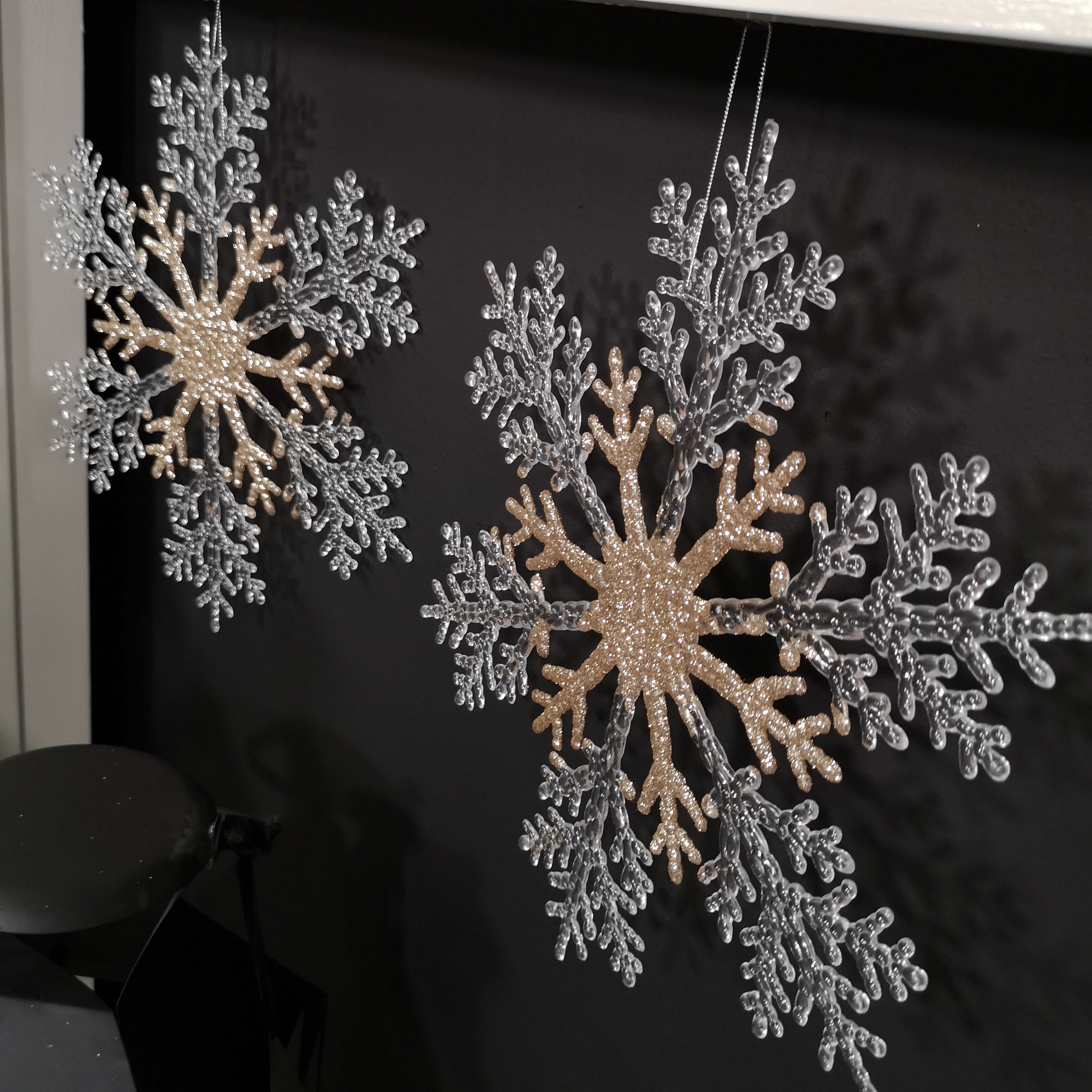 31cm Acrylic Glitter Hanging Snowflake Christmas Decoration in Champagne Gold