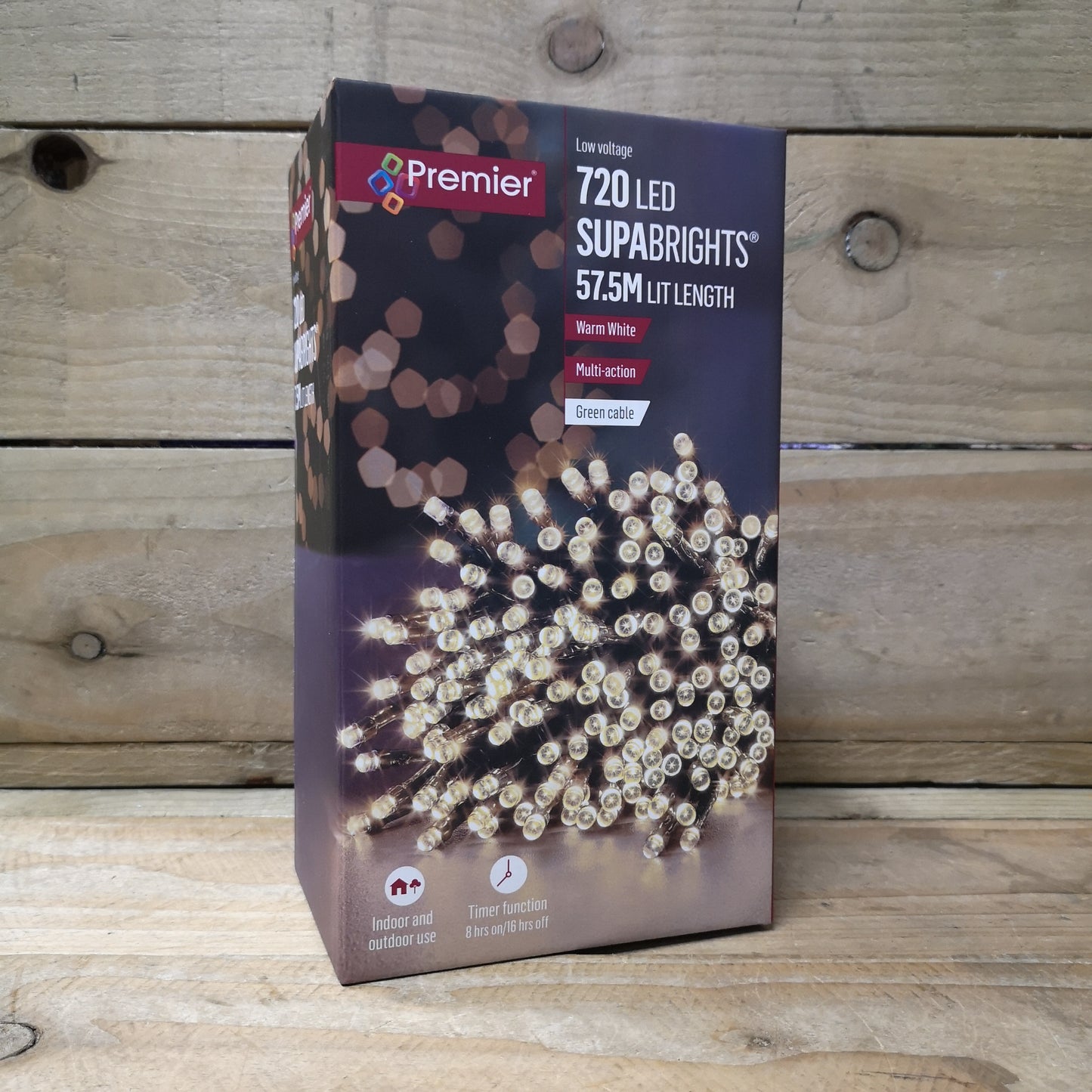 720 LED 57.5m Premier SupaBrights Indoor Outdoor Christmas Multi Function Mains Operated String Lights with Timer in Warm White