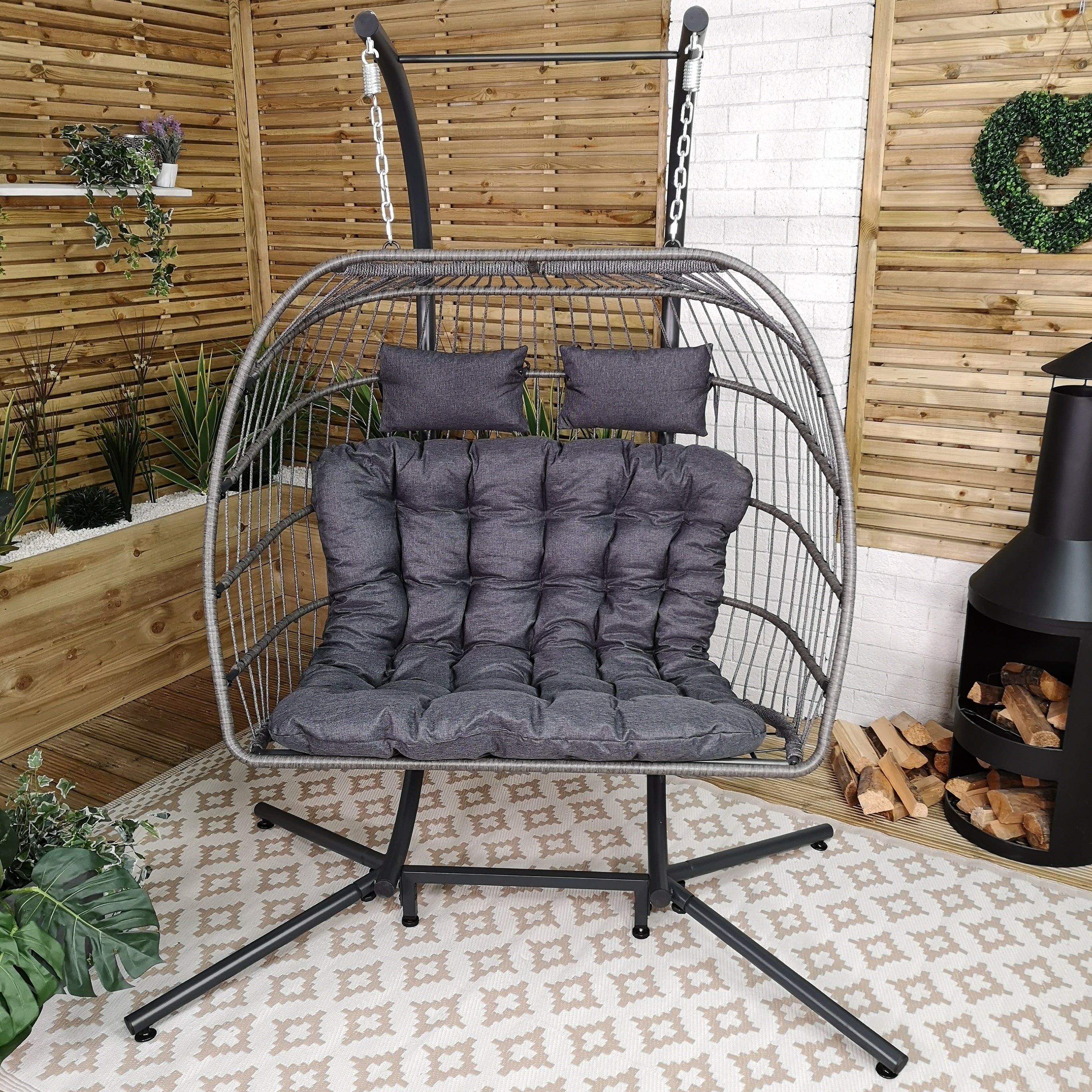  Grey 2 Seater Hanging Egg Chair With Cushion & Cover