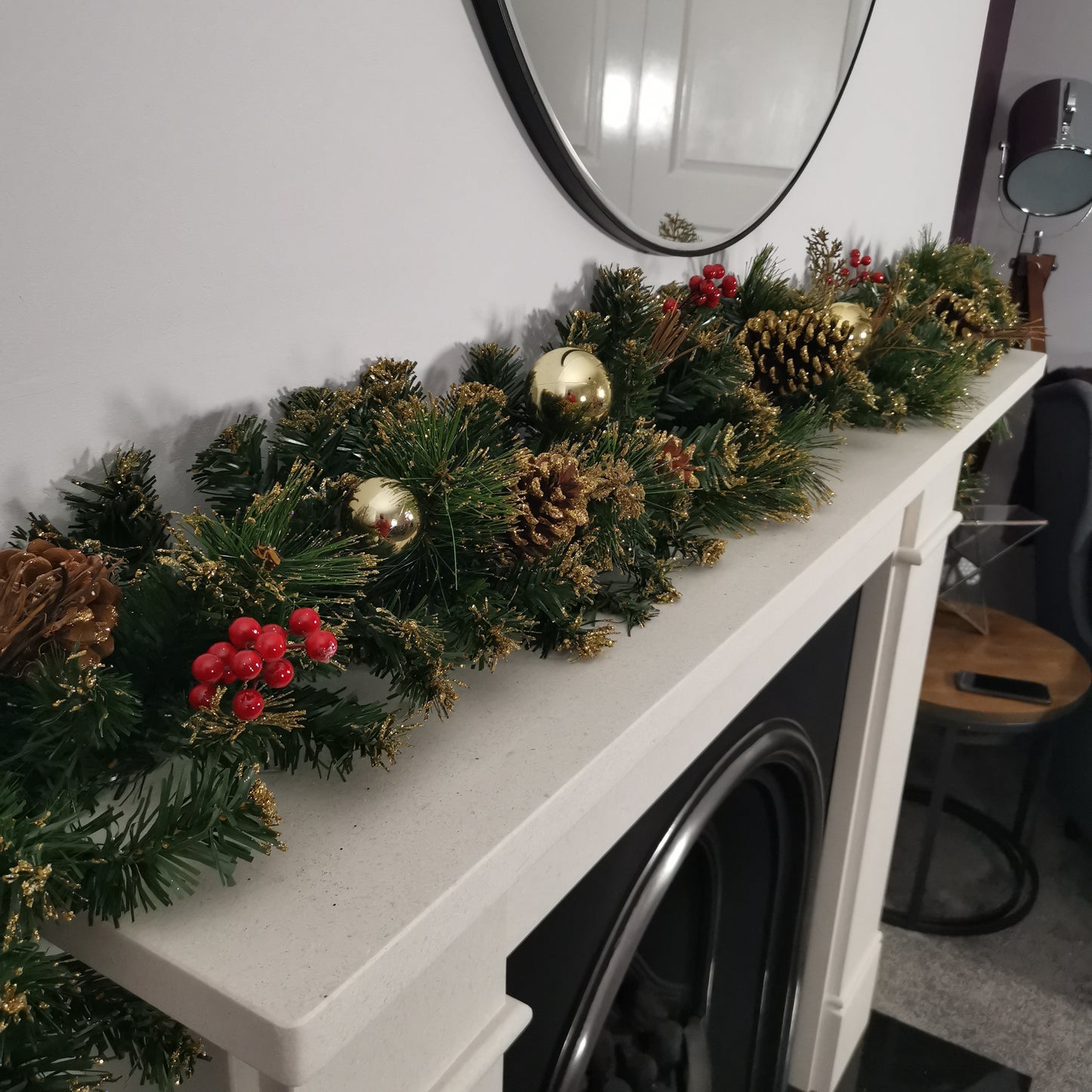 180cm (6ft) Premier Gold Dressed Christmas Garland With Berries Pinescones And Gold Baubles