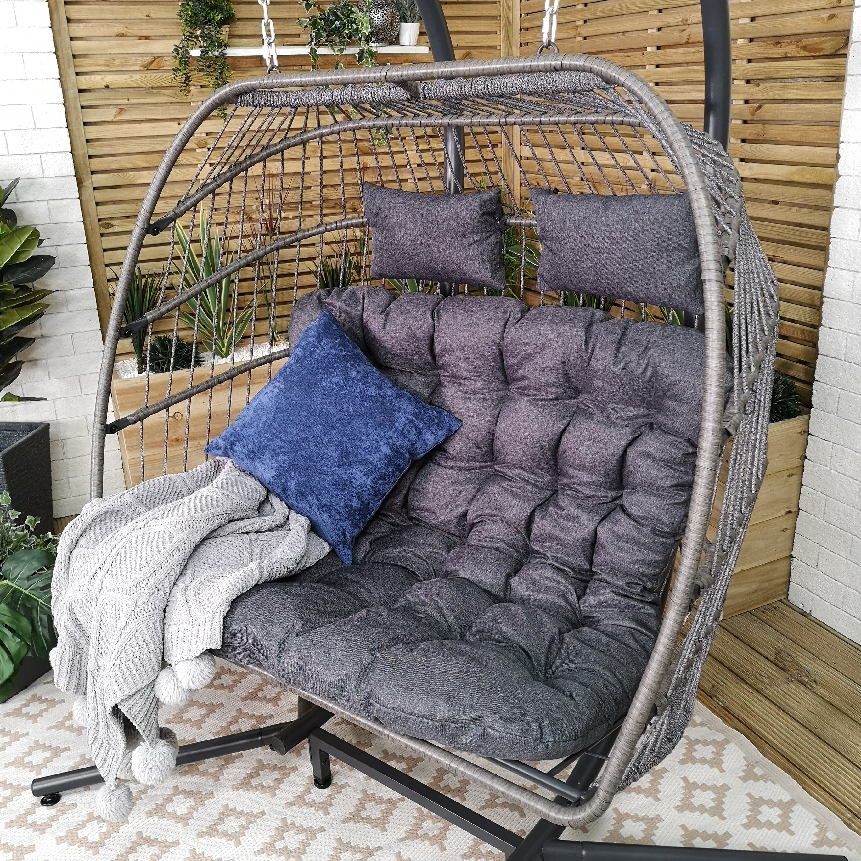 Grey 2 Seater Hanging Egg Chair With Cushion & Cover