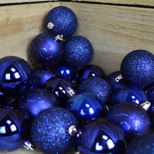 24 Pack 60mm Multi Finish Shatter Proof Christmas Tree Baubles - Midnight Blue