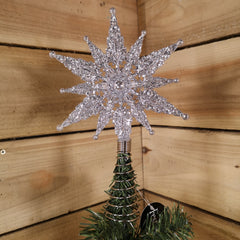 Festive 24cm Christmas Silver Star Glitter Tree Topper