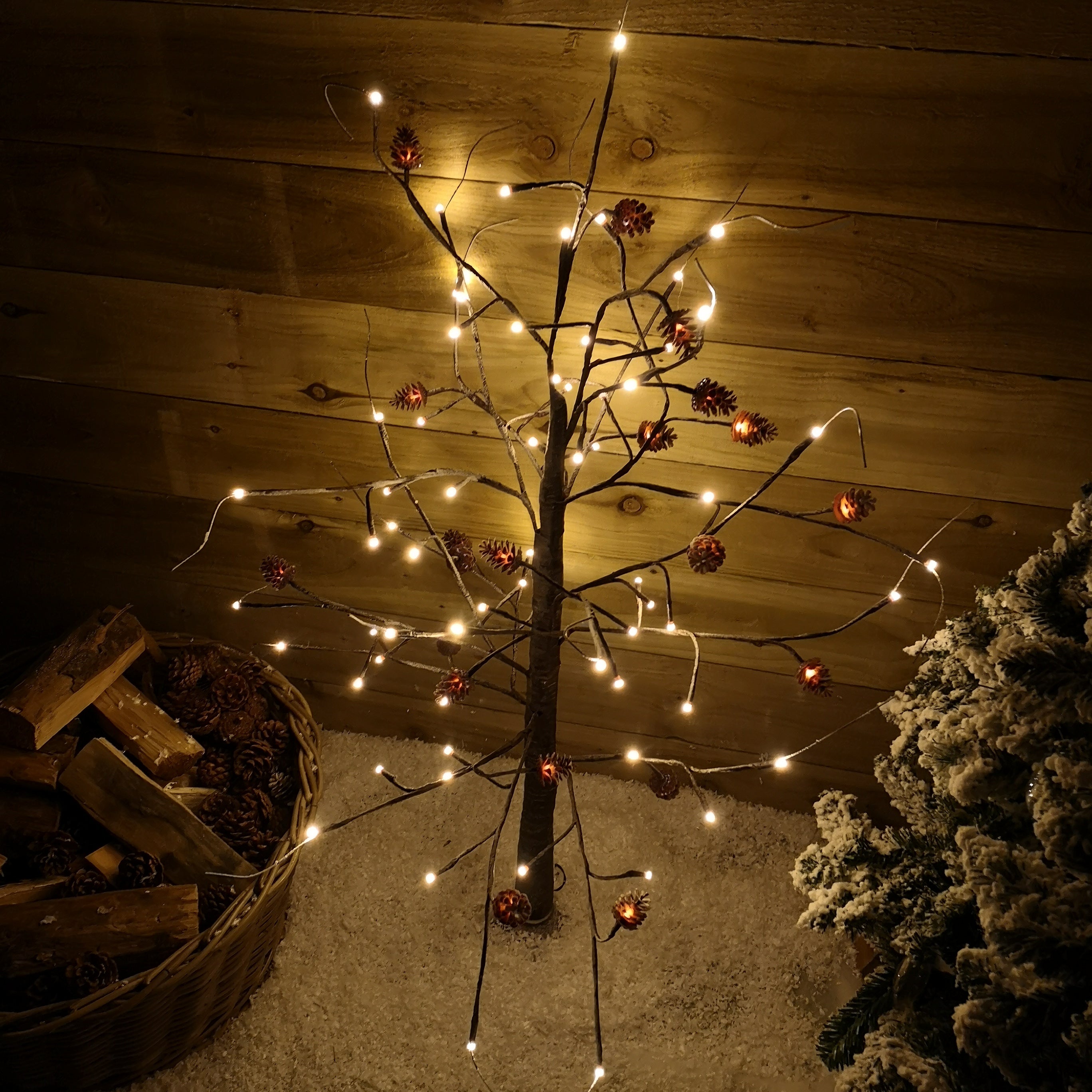 4ft Snowy Brown Twig Outdoor Christmas Tree with Pine Cones & 88 Warm White LEDs