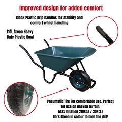 110 Litre 150kg Capacity Heavy Duty Outdoor Pneumatic Plastic Garden Wheelbarrow in Green