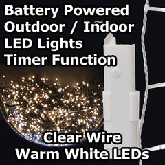 96 Warm White LED (7.1m) Battery Operated Outdoor Timer Lights on Clear Wire