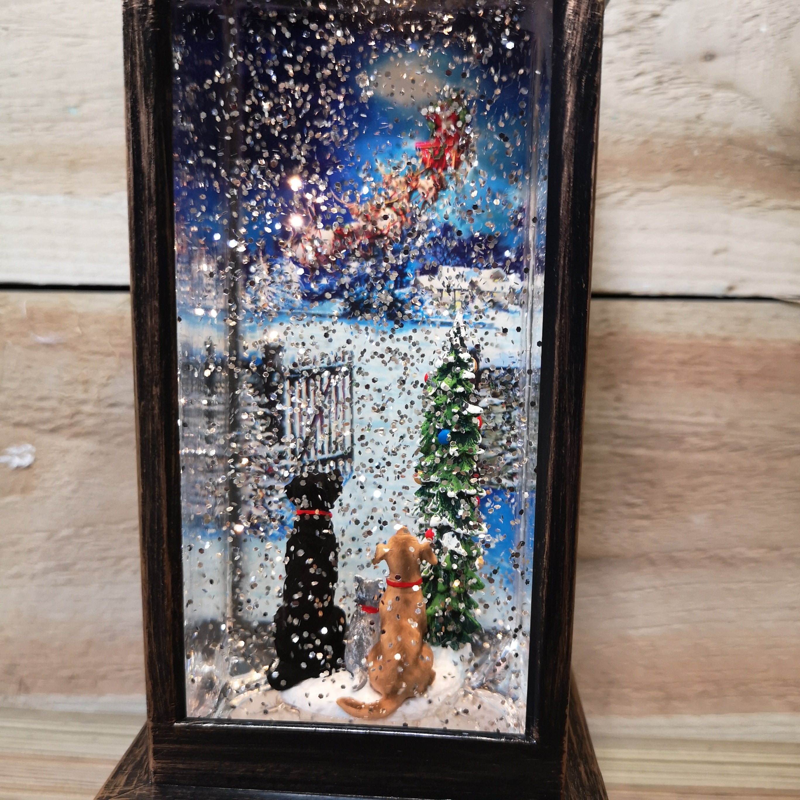 Snowtime Dual Power LED Water Lantern with Macneil 'Cats & Dogs Watching Santa' Scene
