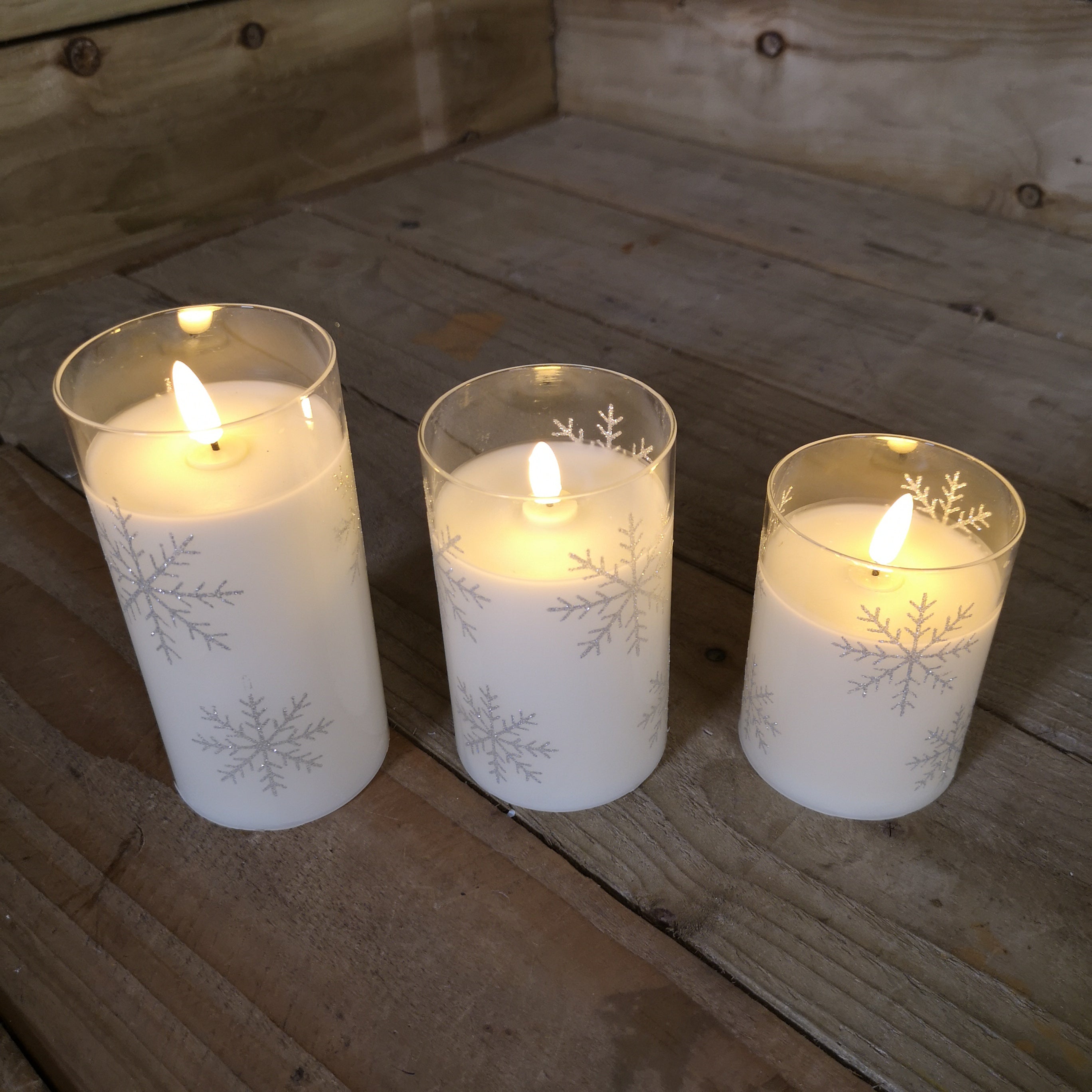 Set of 3 Snowflake Printed Glass Warm White Battery Candles with Timer