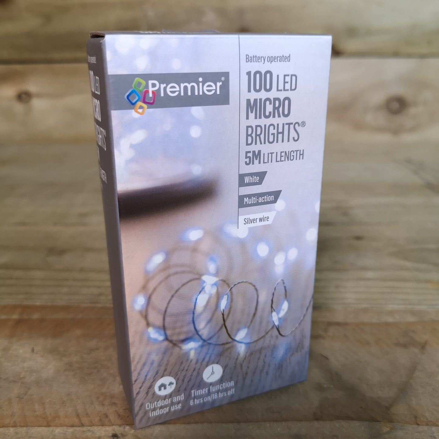 100 LED 5m Premier MicroBrights Indoor Outdoor Christmas Multi Function Battery Operated Lights with Timer on Pin Wire in Cool White