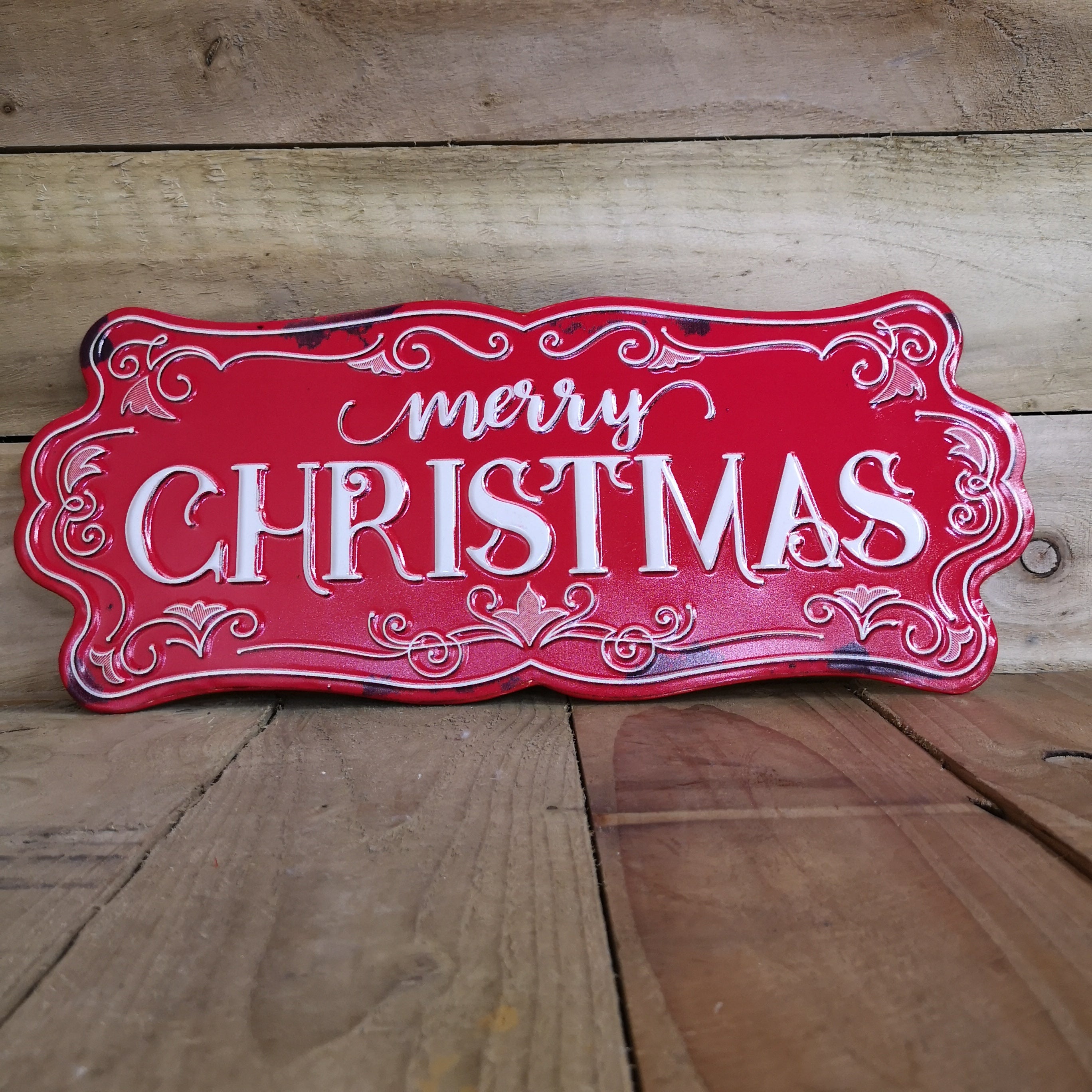 52cm Red Metal Merry Christmas Embossed Wall Sign with Hooks