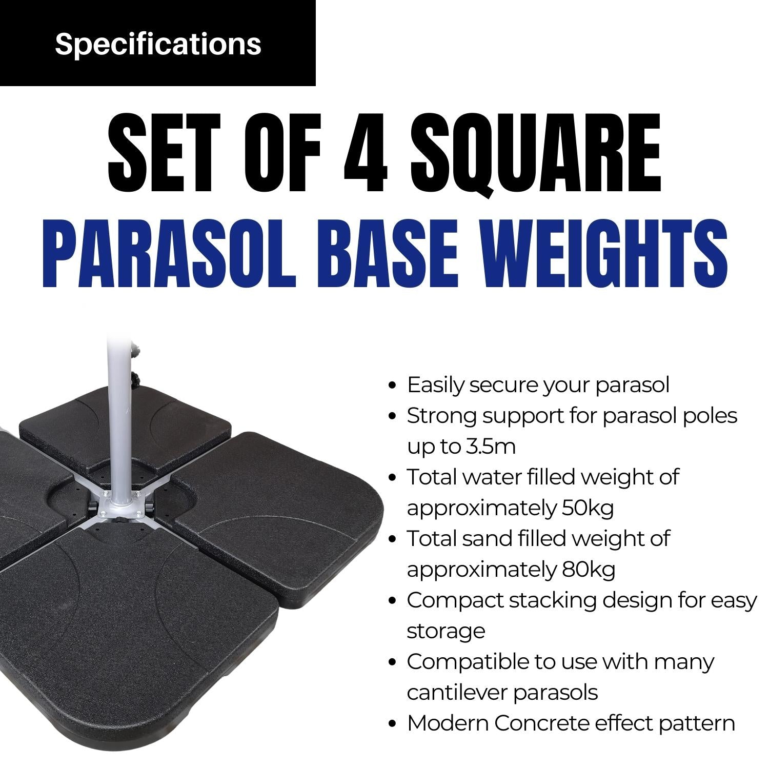 4 Pack 60/80Kg Square Water / Sand Filled Black Hanging / Banana / Cantilever Garden Patio Decking Parasol Base Weight