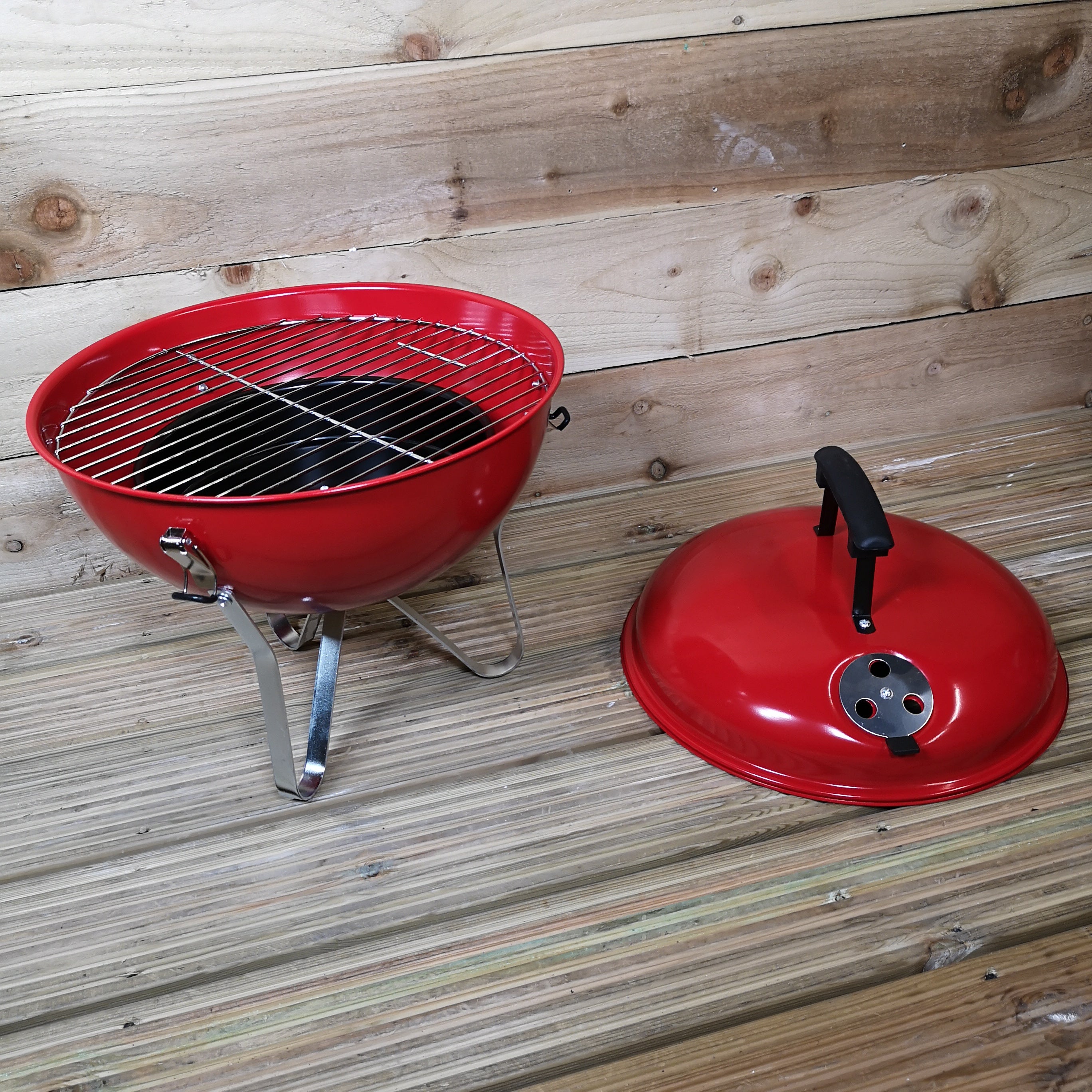 37cm Portable Red Enamel Vented Kettle BBQ with Lid Ideal for Garden or Camping