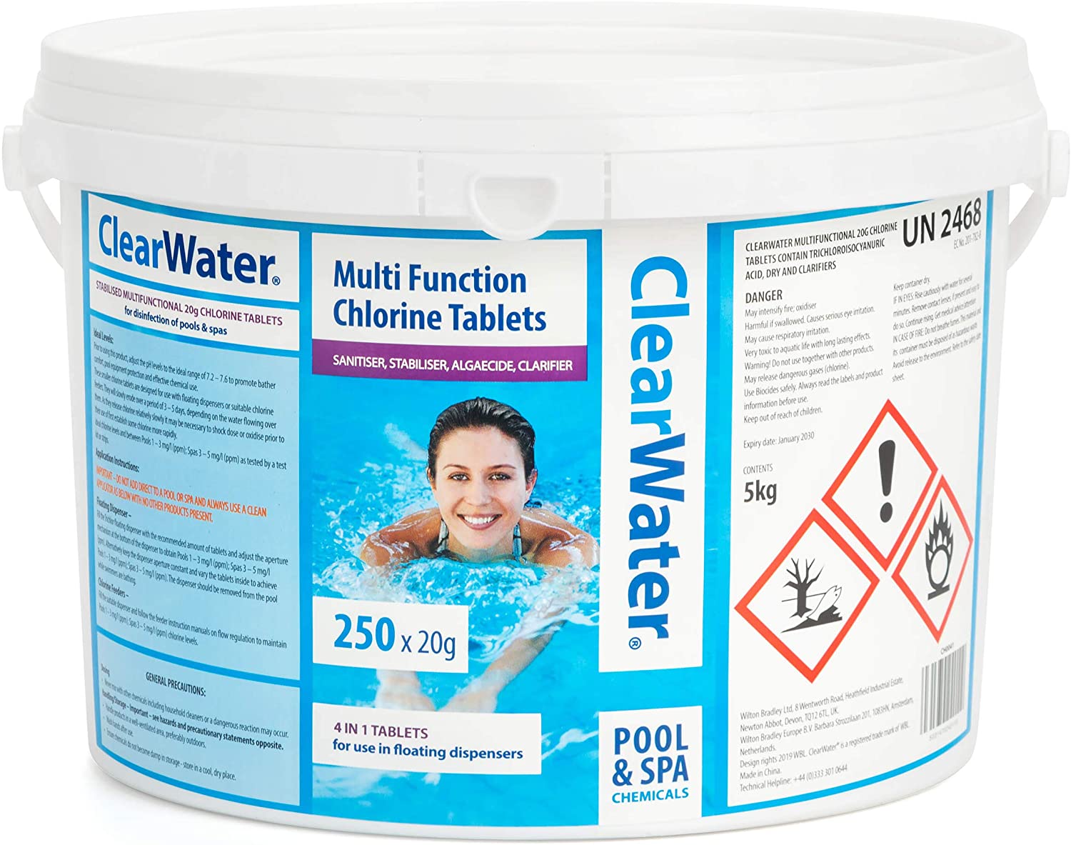 250 x 20g (5kg) Clearwater CH0041 4-in-1 Chlorine Tablets for Pools and Hot Tubs