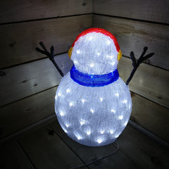 Lumineo 47cm Christmas Acrylic Snowman Blue Scarf And Earmuffs Cool White LEDs