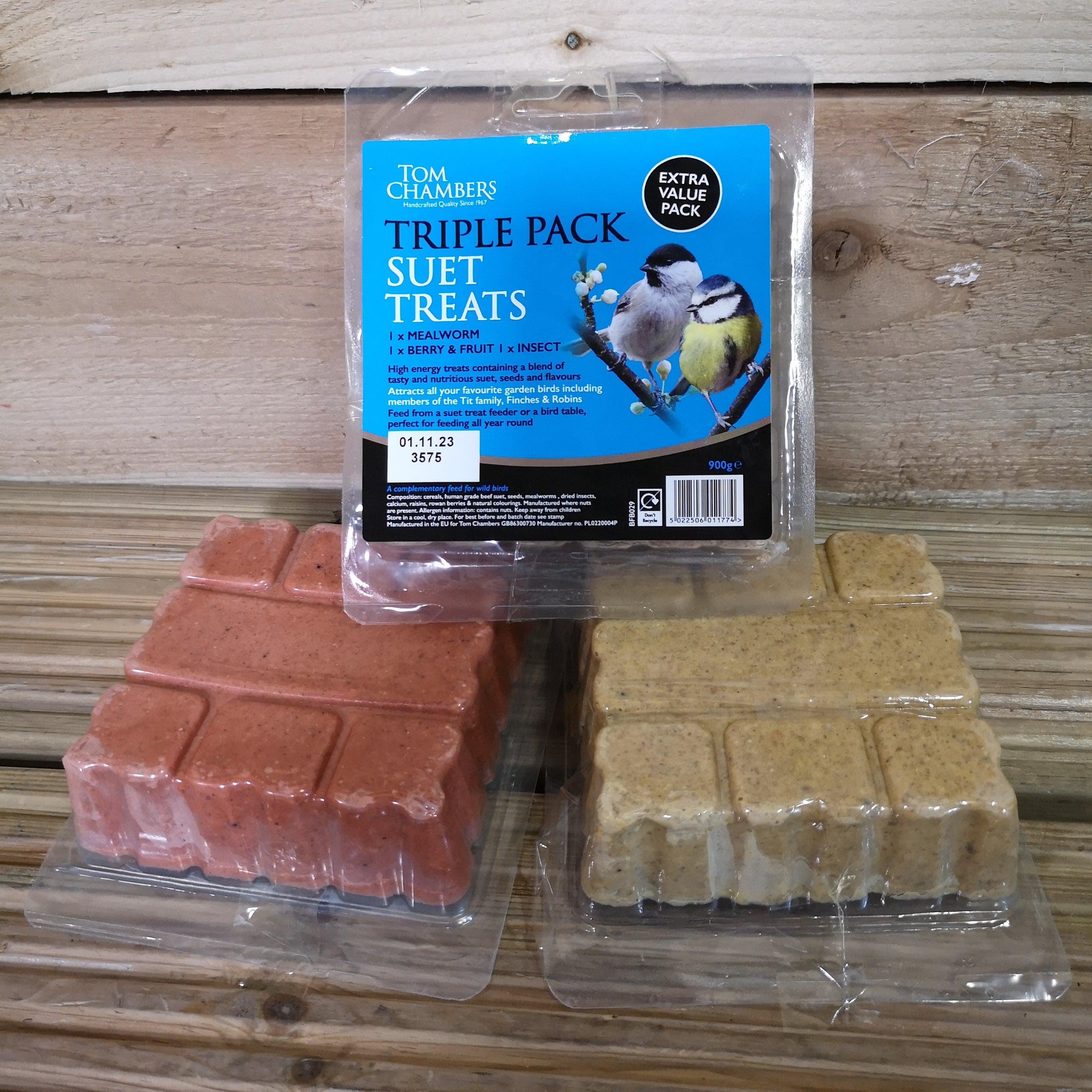 3 x Tom Chambers Three Pack of Wild Garden Bird Suet Treat Blocks Containing Insect, Berry and Mealworm (9 pack total)