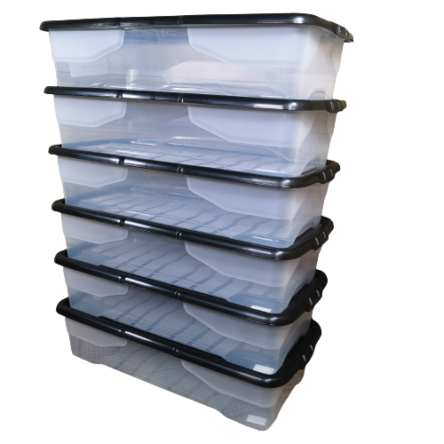 6 x 42L Clear Under Bed Storage Box with Black Lid, Stackable and Nestable Design Storage Solution