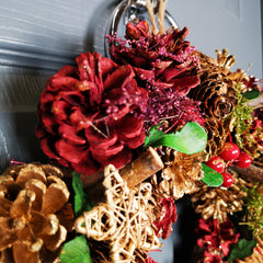 36cm Christmas Wreath in Gold & Red with Pine Cones and Berries