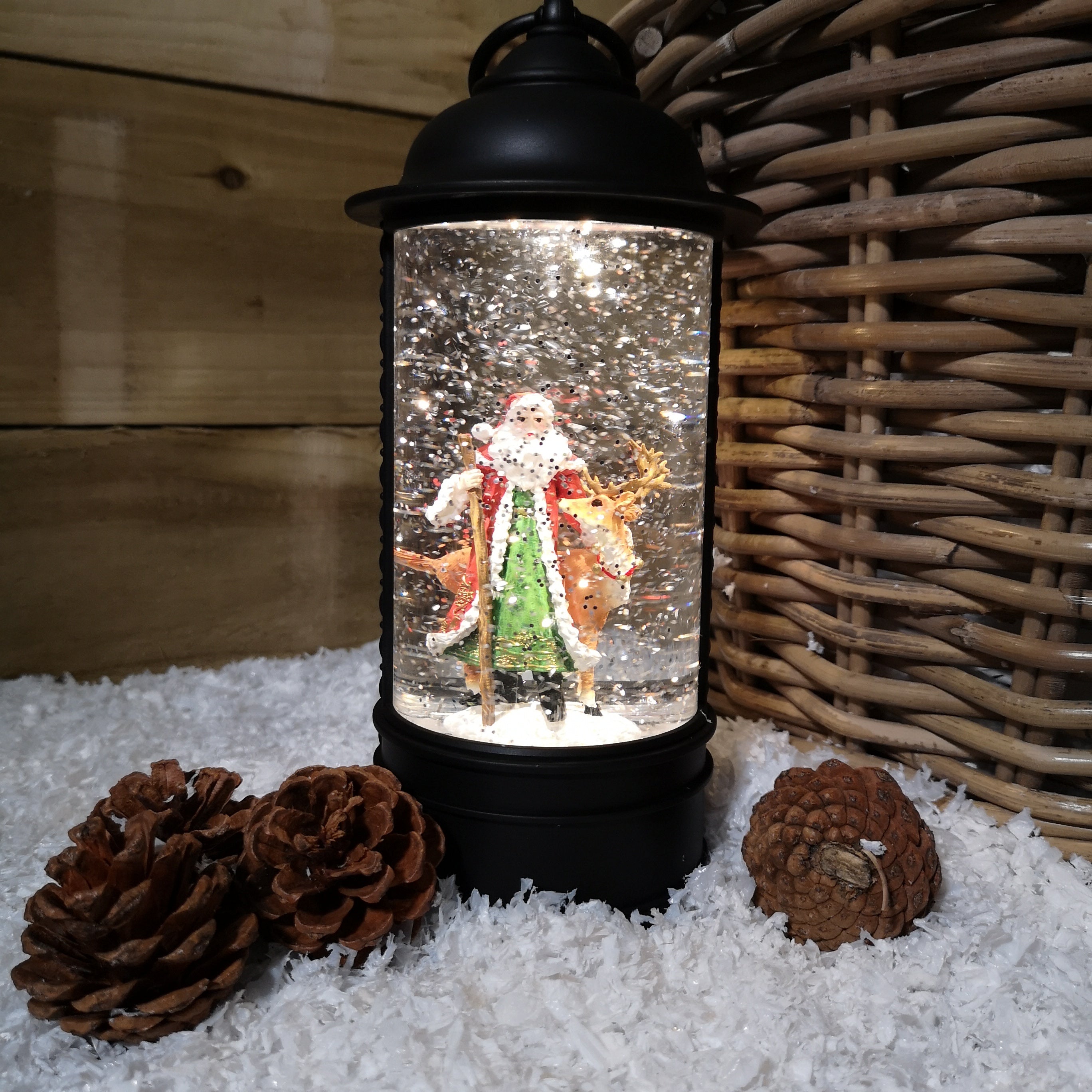 29cm Snowtime Christmas Water Spinner Antique Effect Lantern With Santa & Reindeer Scene  Dual Power