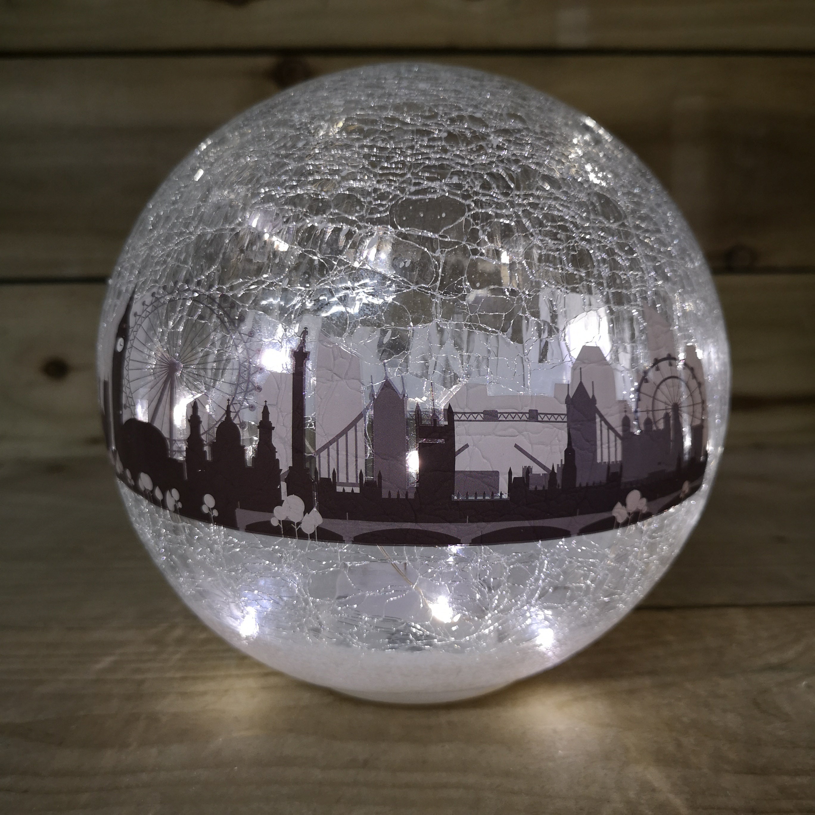 20cm Festive Christmas Crackle Effect Glass London Scene LED Light Ball