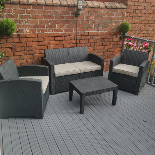 Samuel Alexander Luxury Sturdy Black Rattan Garden Sofa Set With Chairs 4 Piece Rattan Furniture Set Lounger, Includes Sofa, 2 Chairs And Coffee Table 2736