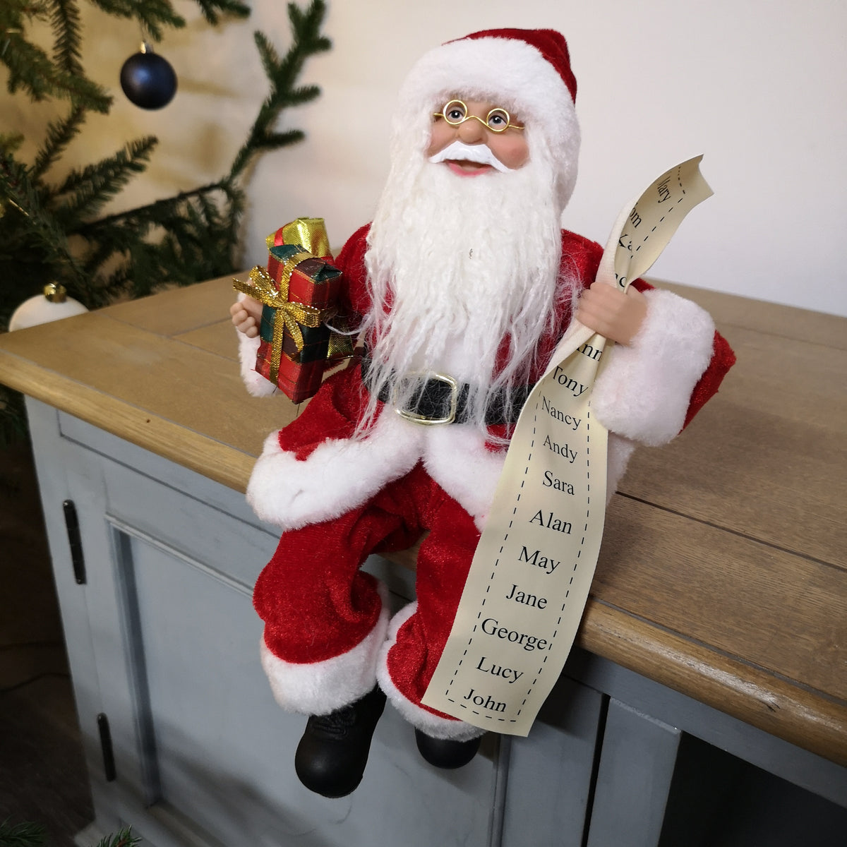 30cm Sitting Santa Father Christmas Decoration Holding Gifts & Name List in Red