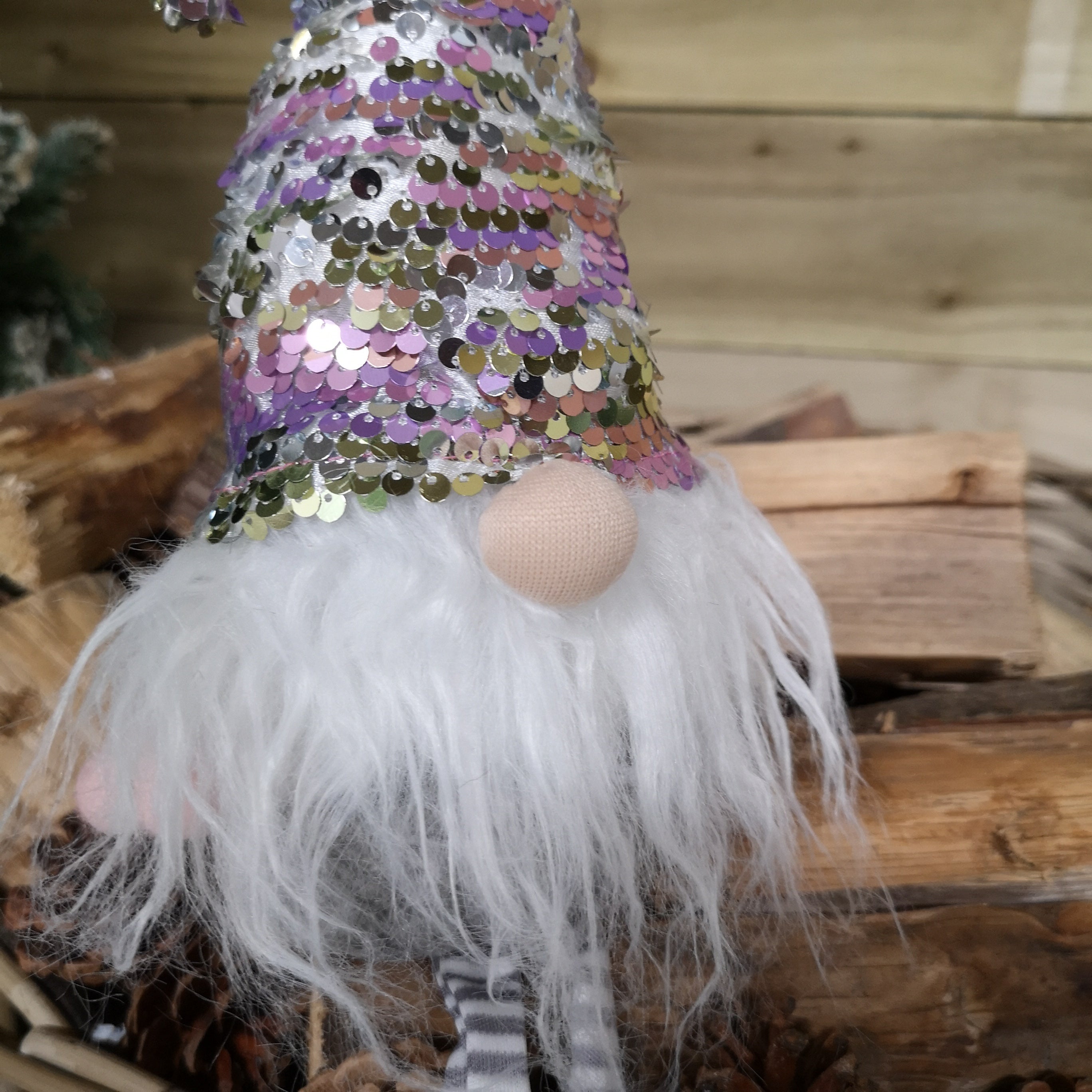 49cm Festive Christmas Sitting Gonk with Dangly Legs & Sequin Hat in Pink & Grey