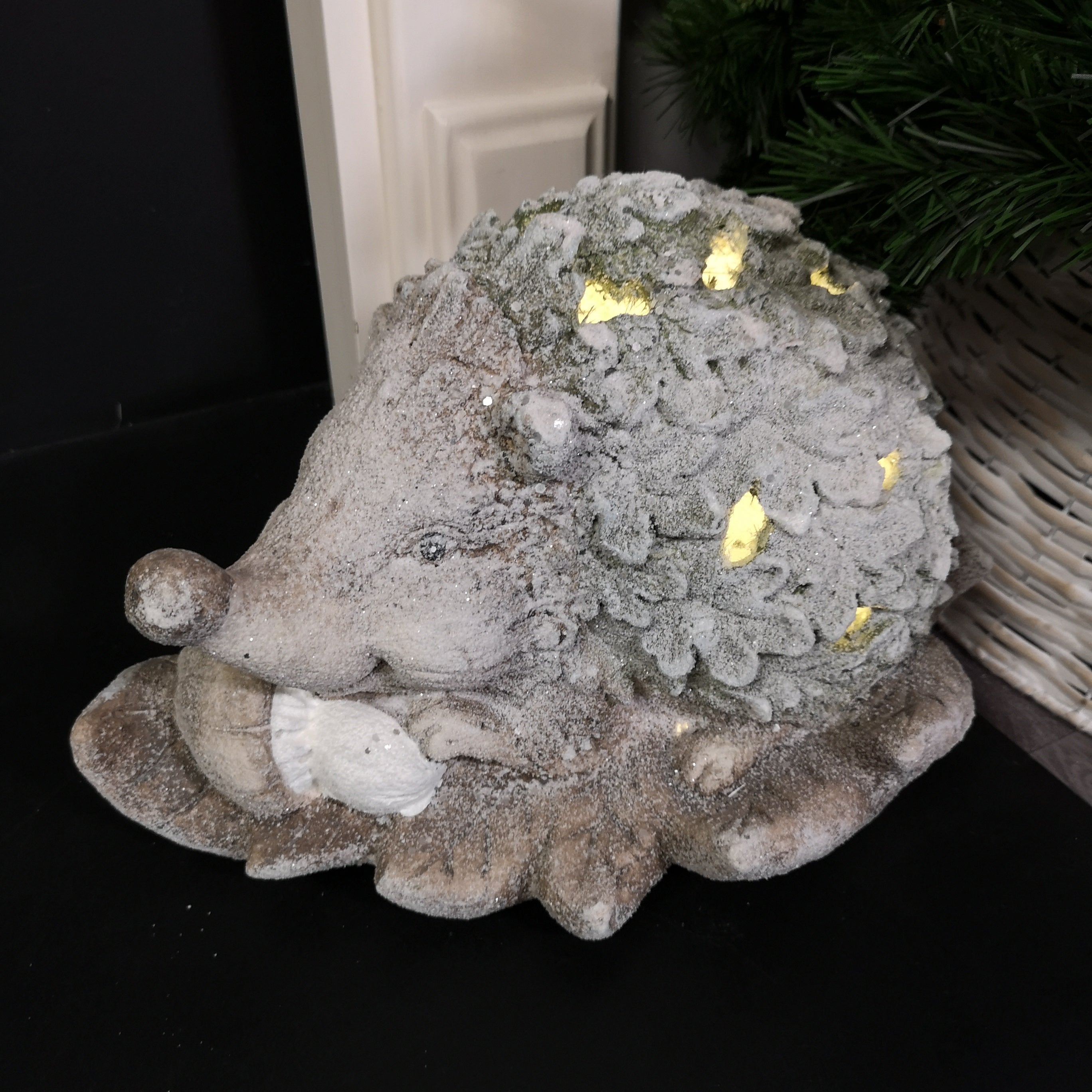 24cm Battery Lit Magnesia Christmas Hedgehog on Leaf with Warm White LEDs