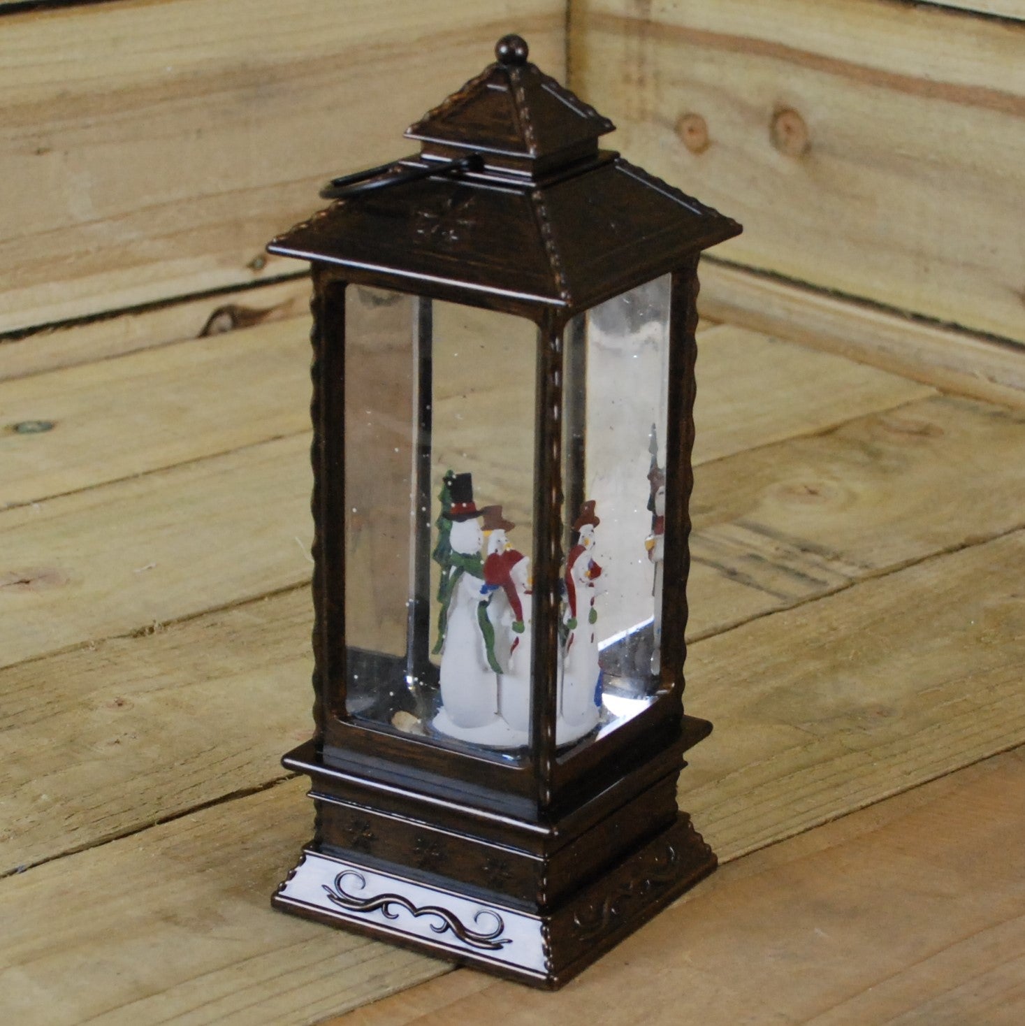 27cm Dual Power LED Christmas Glitter Water Spinner Rustic Lantern Snowman Scene