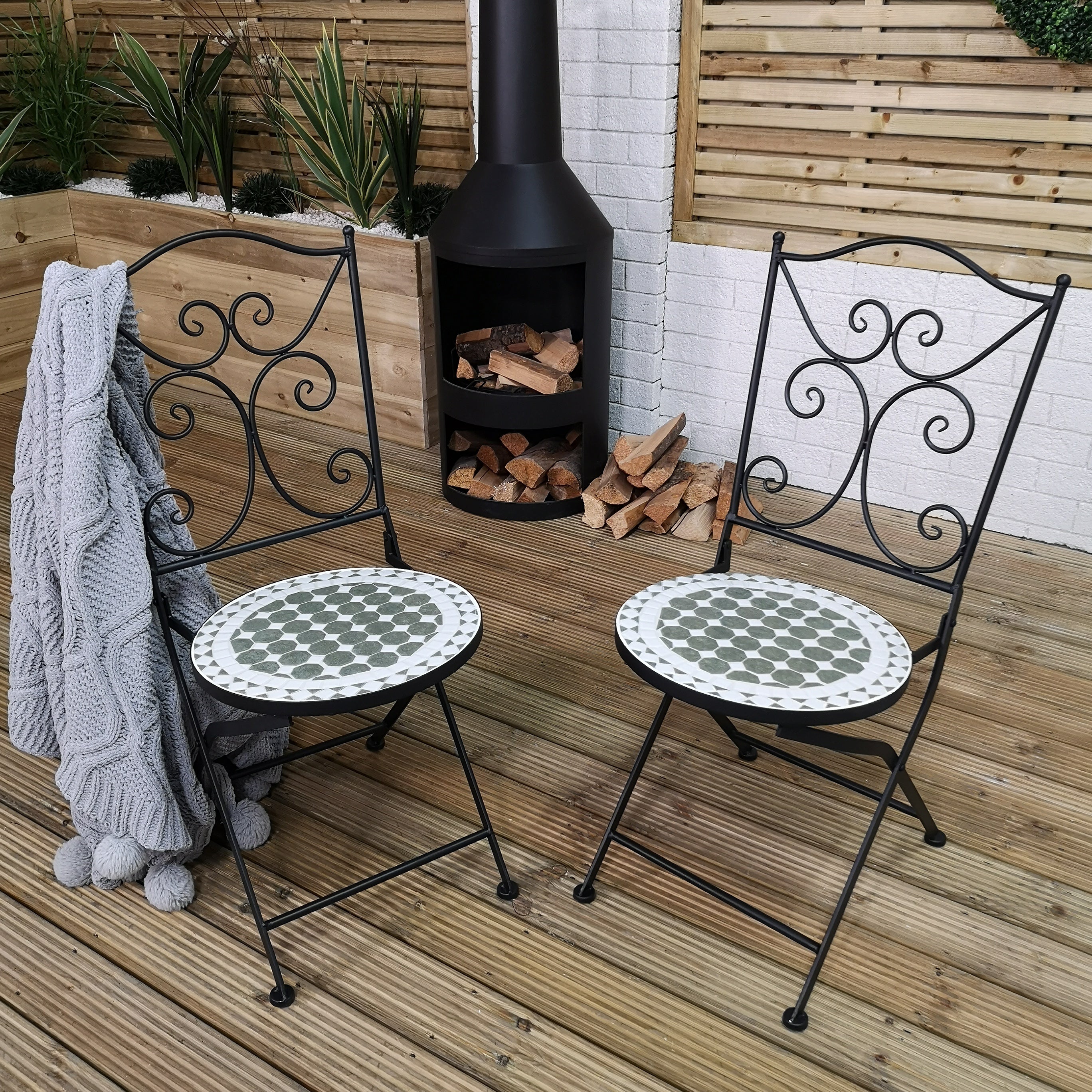 Set of 2 Outdoor Black Mosaic Metal Bistro Chairs for Garden Patio Balcony