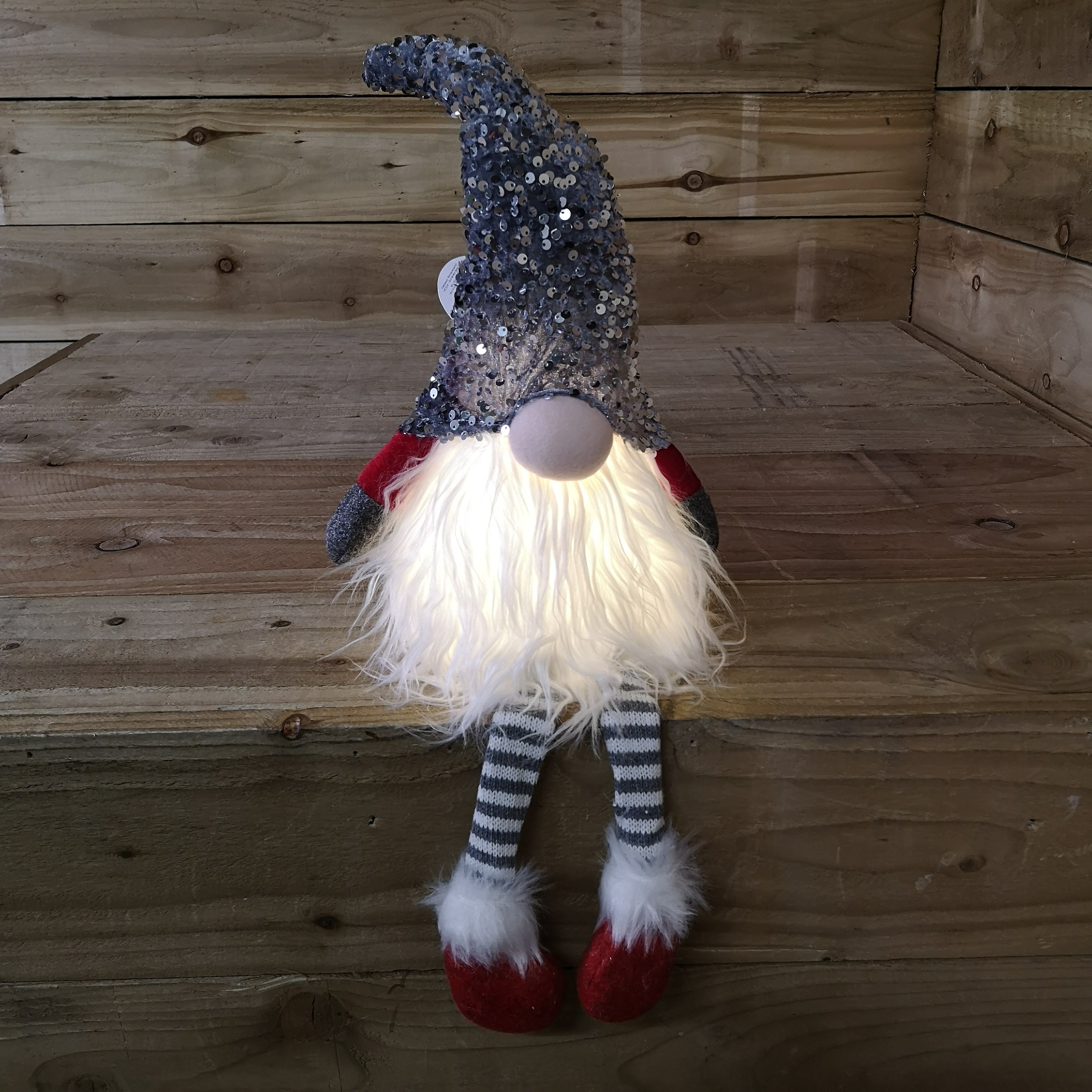 42cm Red Christmas Light Up Gnome Gonk Nordic Sitting Grey Sequins Dangly Legs