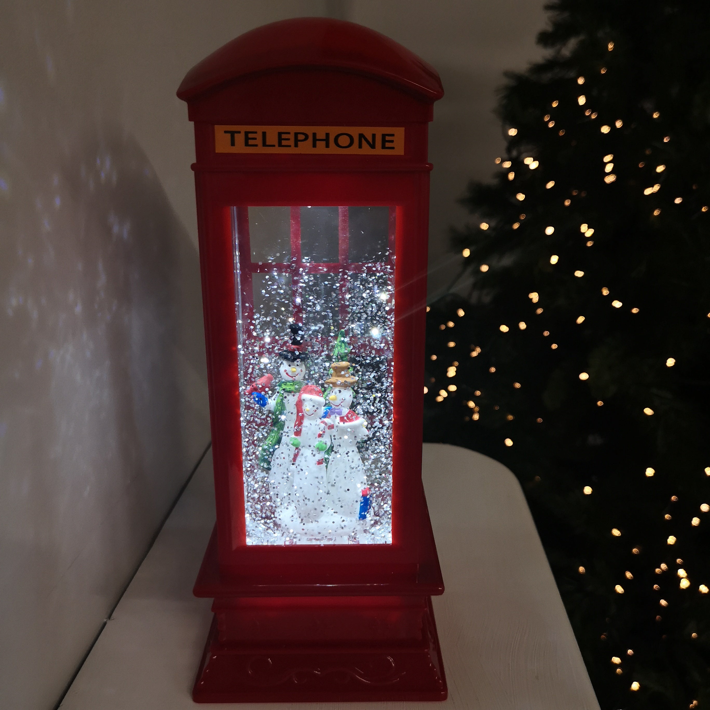 26.5cm Premier Christmas Water Spinner Telephone Box Design with Snowman Scene  Dual Power