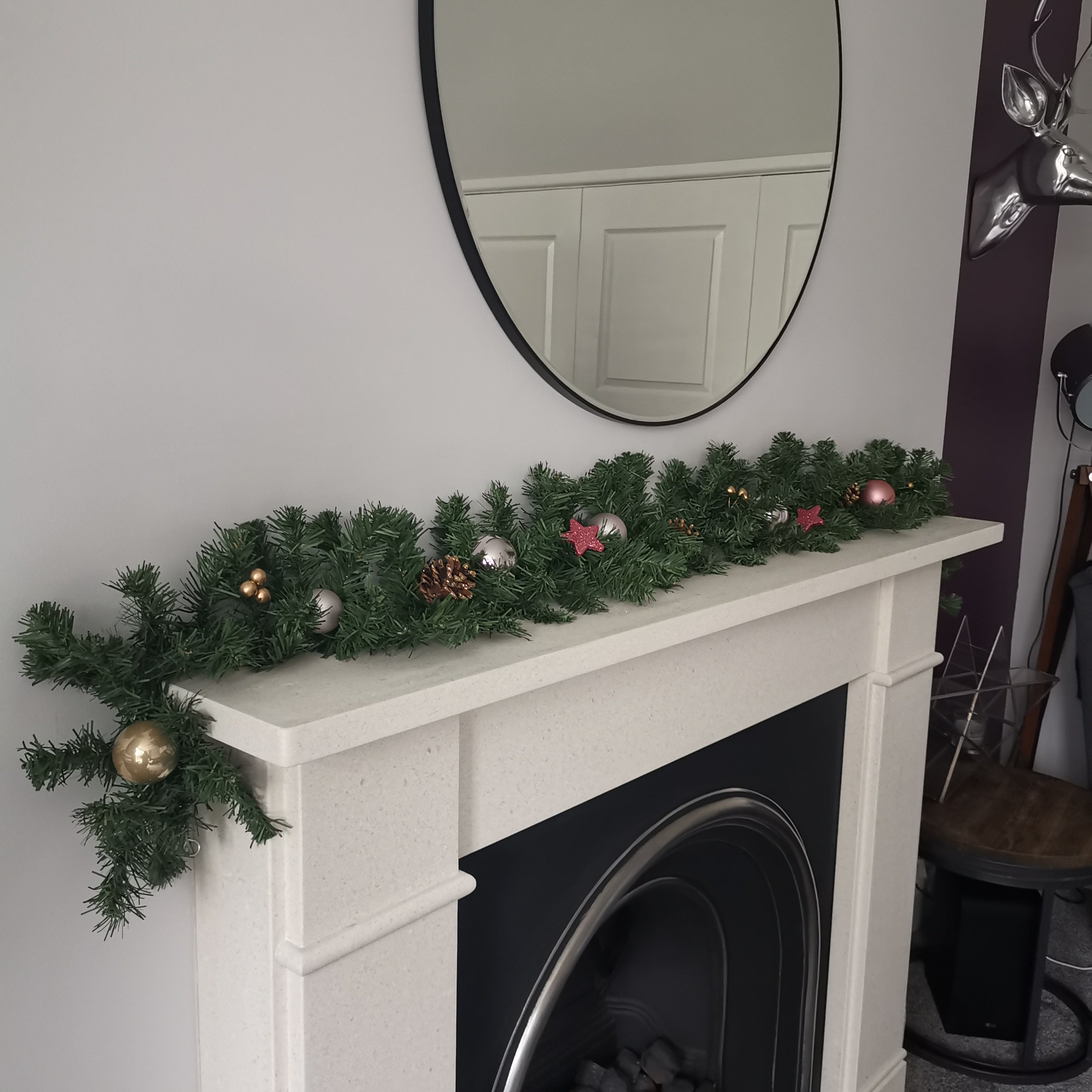 180cm Festive Christmas Garland With Pine Cones And Glitter Pink And Gold Baubles