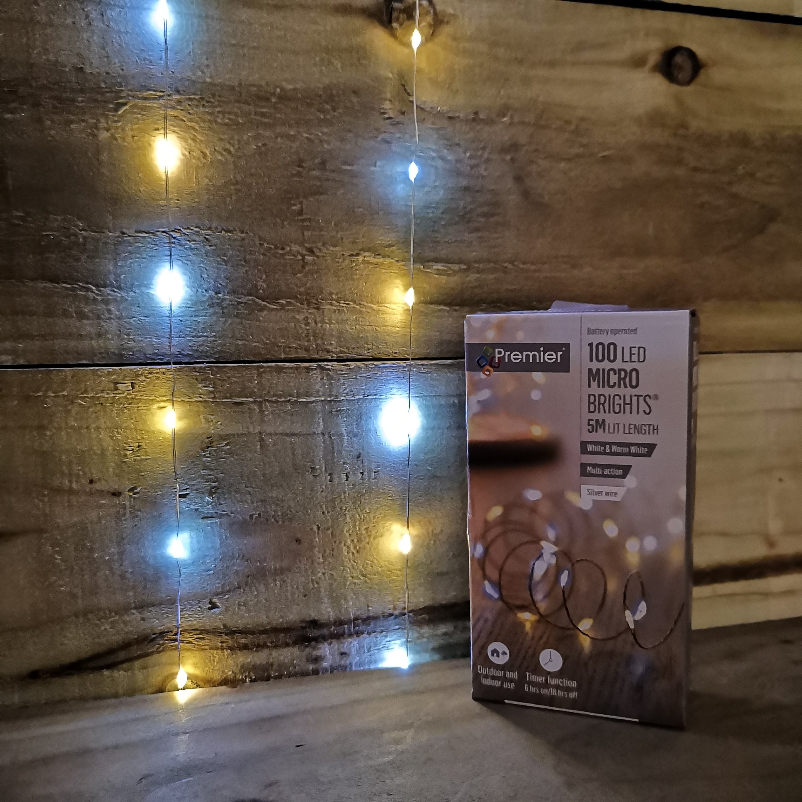 100 LED 5m Premier MicroBrights Indoor Outdoor Christmas Multi Function Battery Operated Lights with Timer on Pin Wire in White Mix