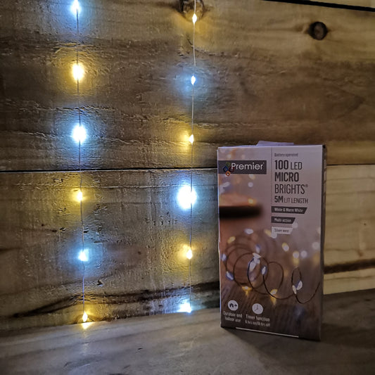 100 LED 5m Premier MicroBrights Indoor Outdoor Christmas Multi Function Battery Operated Lights with Timer on Pin Wire in White Mix