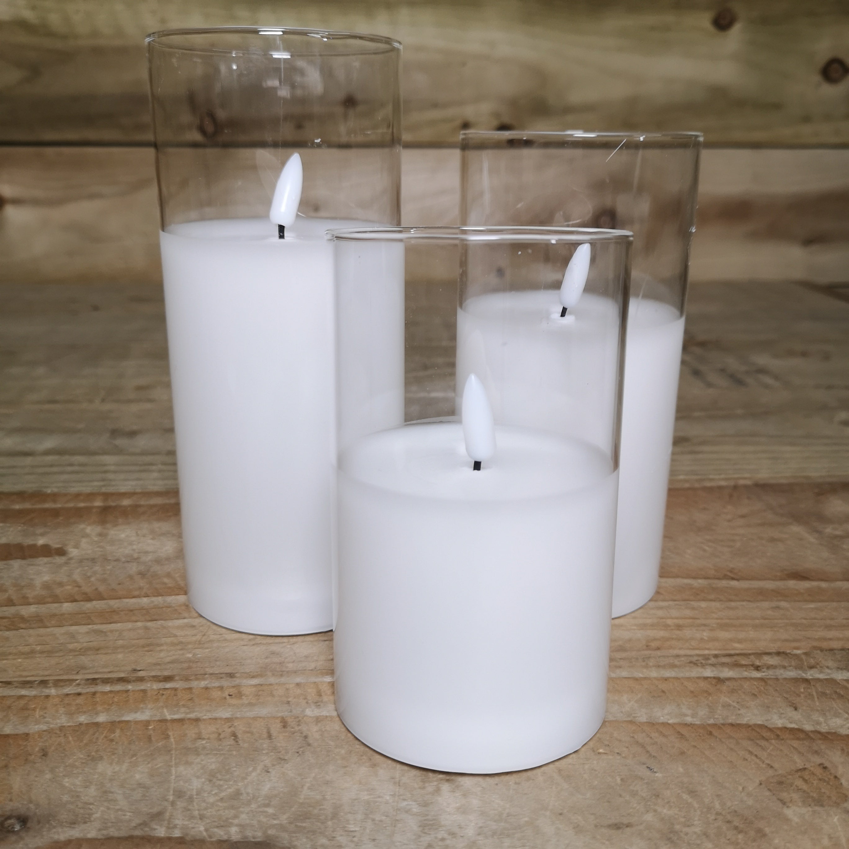 Set of 3 Warm White Battery Operated Christmas Wax Candles with Timer in Clear Glass