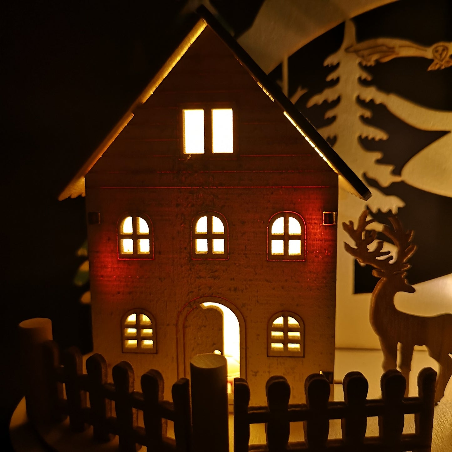 19cm Battery Operated Light up Warm White Christmas Winter Wooden Village Scene with Reindeer