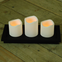32cm Yellow LED Set Of 3 Battery Operated Flickering Candles With Base Tray
