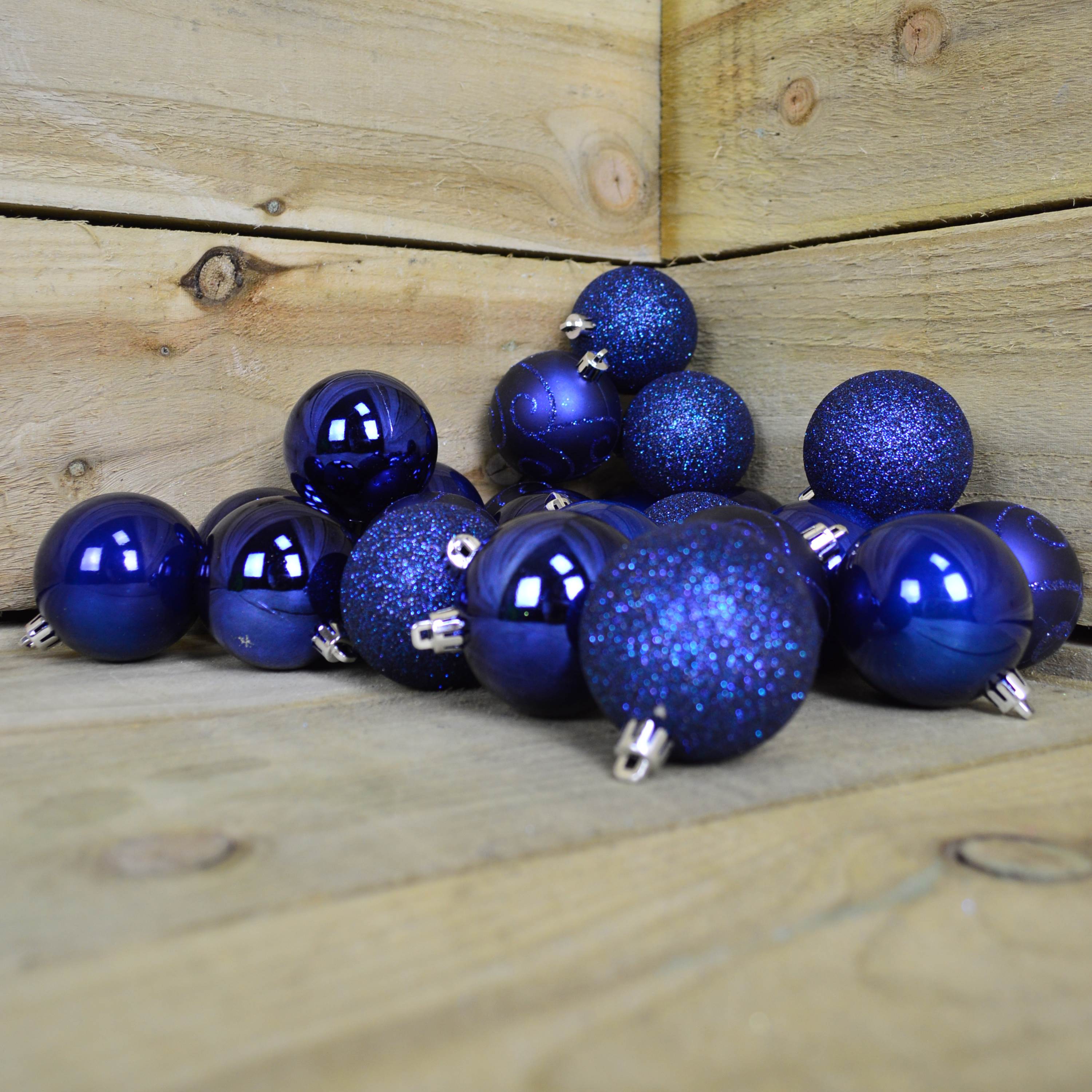 24 Pack 60mm Multi Finish Shatter Proof Christmas Tree Baubles - Midnight Blue