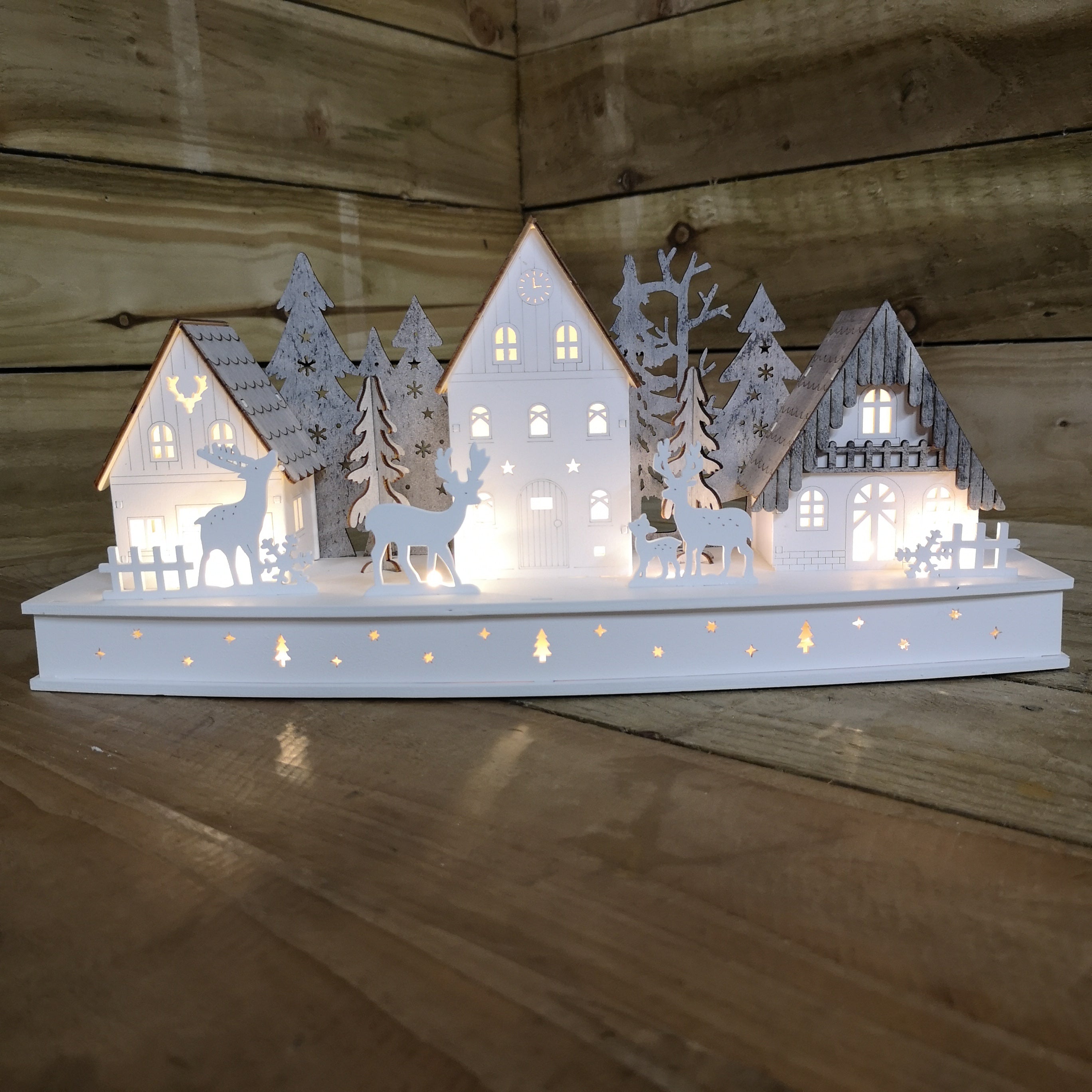 44cm Battery Light Up Warm White Christmas Winter Wooden Village with Reindeer Scene