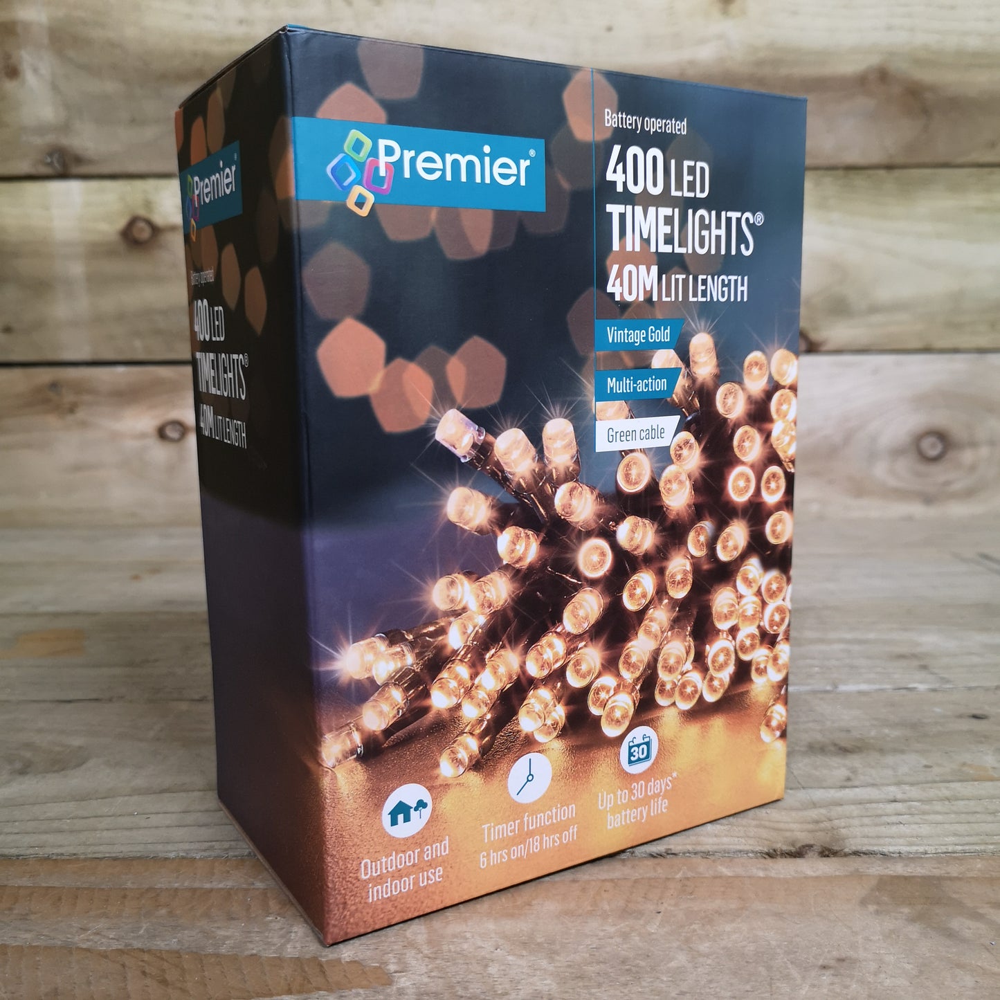 400 LED 40m Premier Christmas Indoor Outdoor Multi Function Battery Operated String Lights with Timer in Vintage Gold