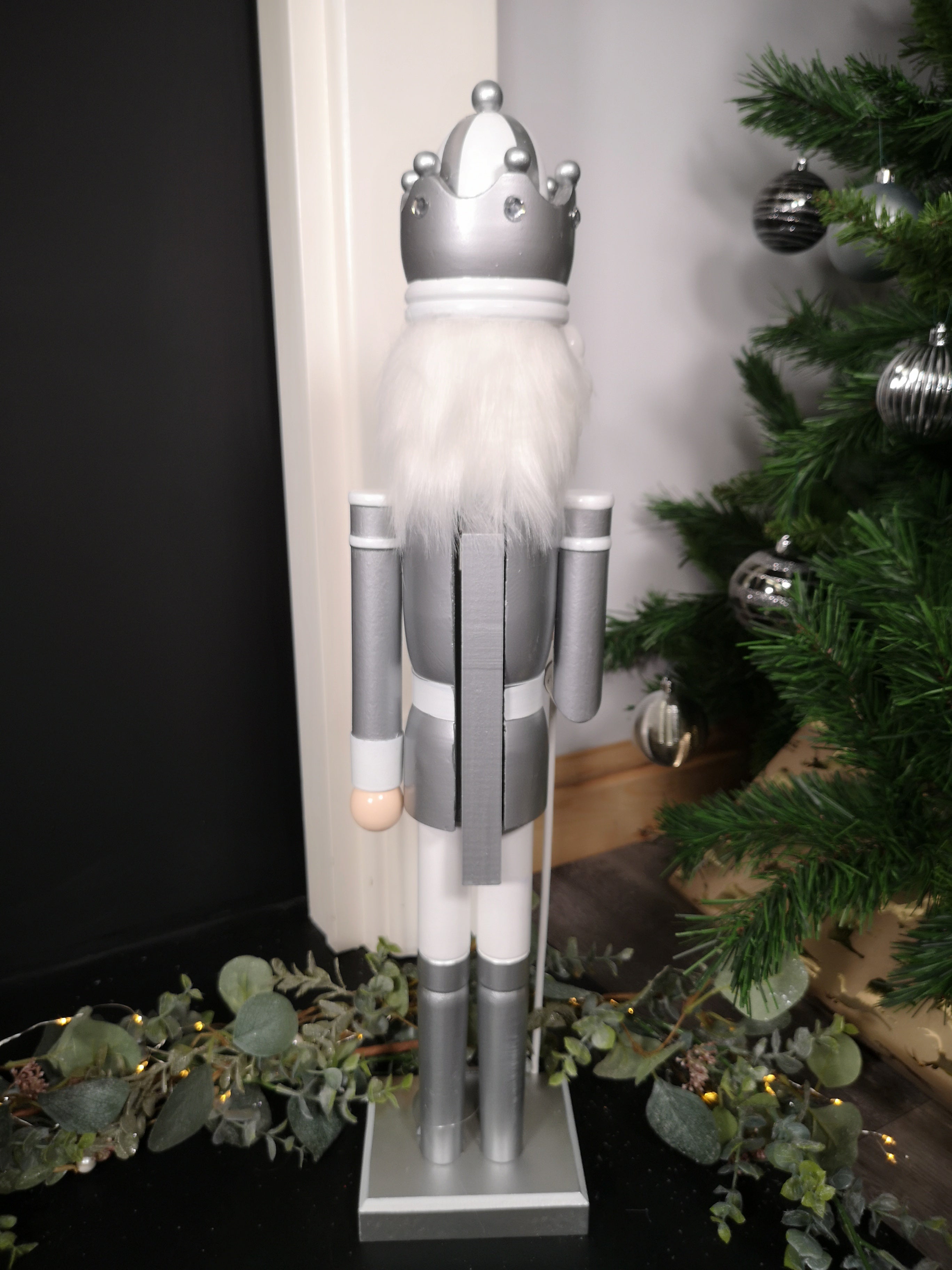 60cm Festive Christmas Wooden Nutcracker Soldier Decoration in Silver and White