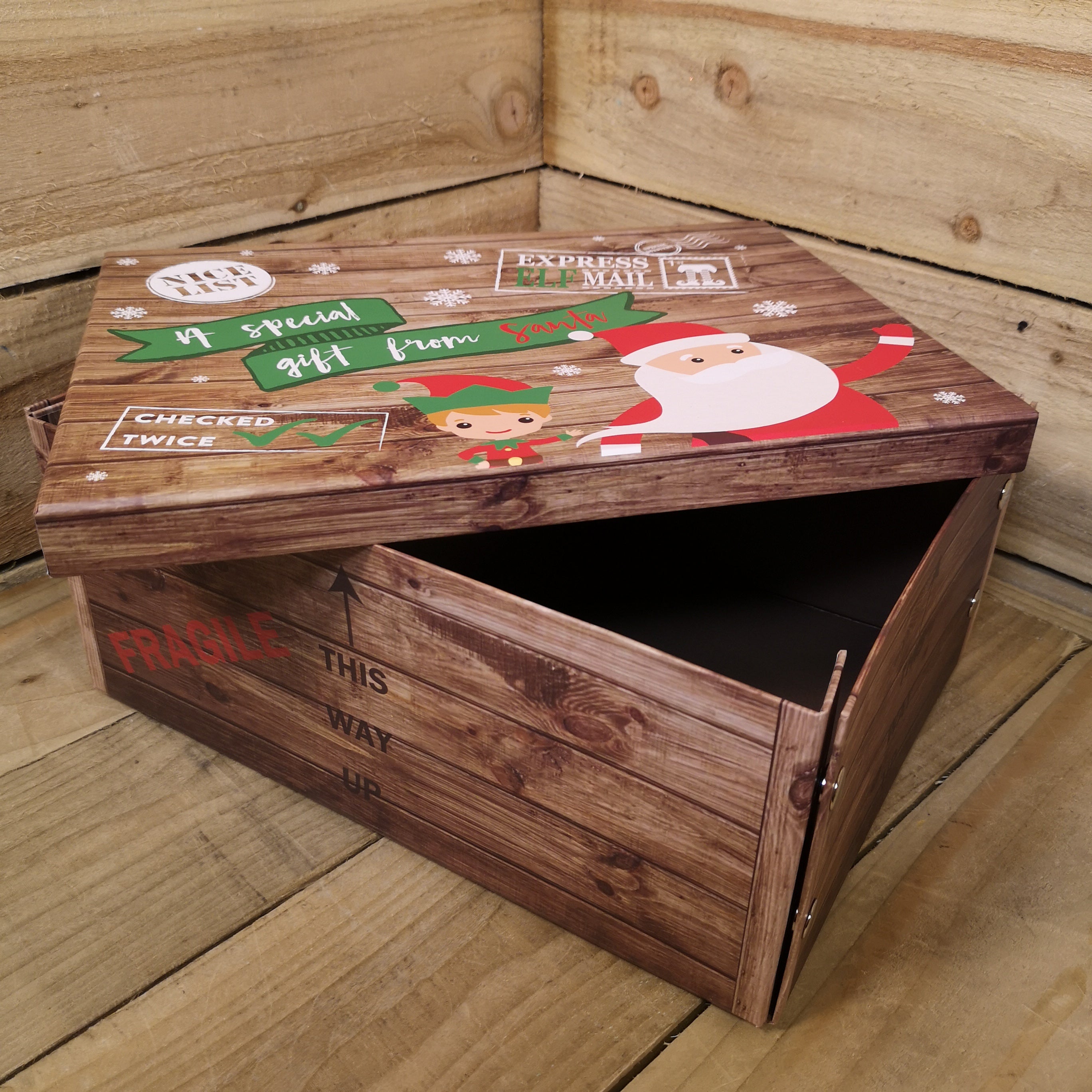 H15 x 35 x 26cm Flat Pack Cardboard Christmas Eve Box with Santa and Elf Design