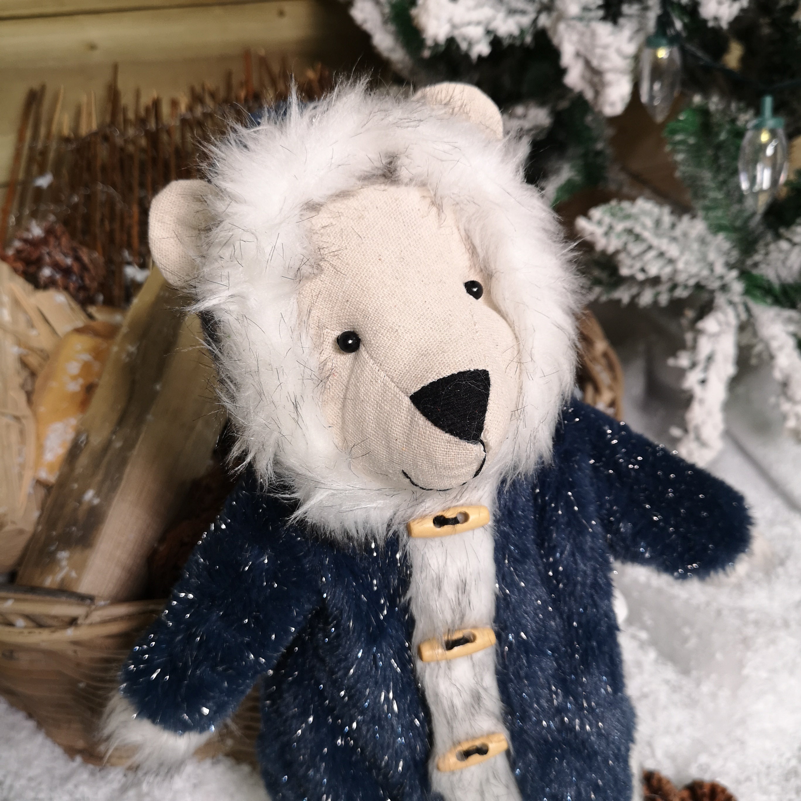 47cm Standing Plush Christmas Winter Polar Bear with Blue Coat and Fur Trim