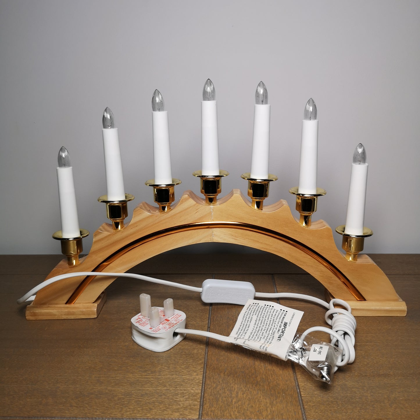 42cm Premier Christmas Candlebridge with 7 Bulbs in Light Wood Mains Powered