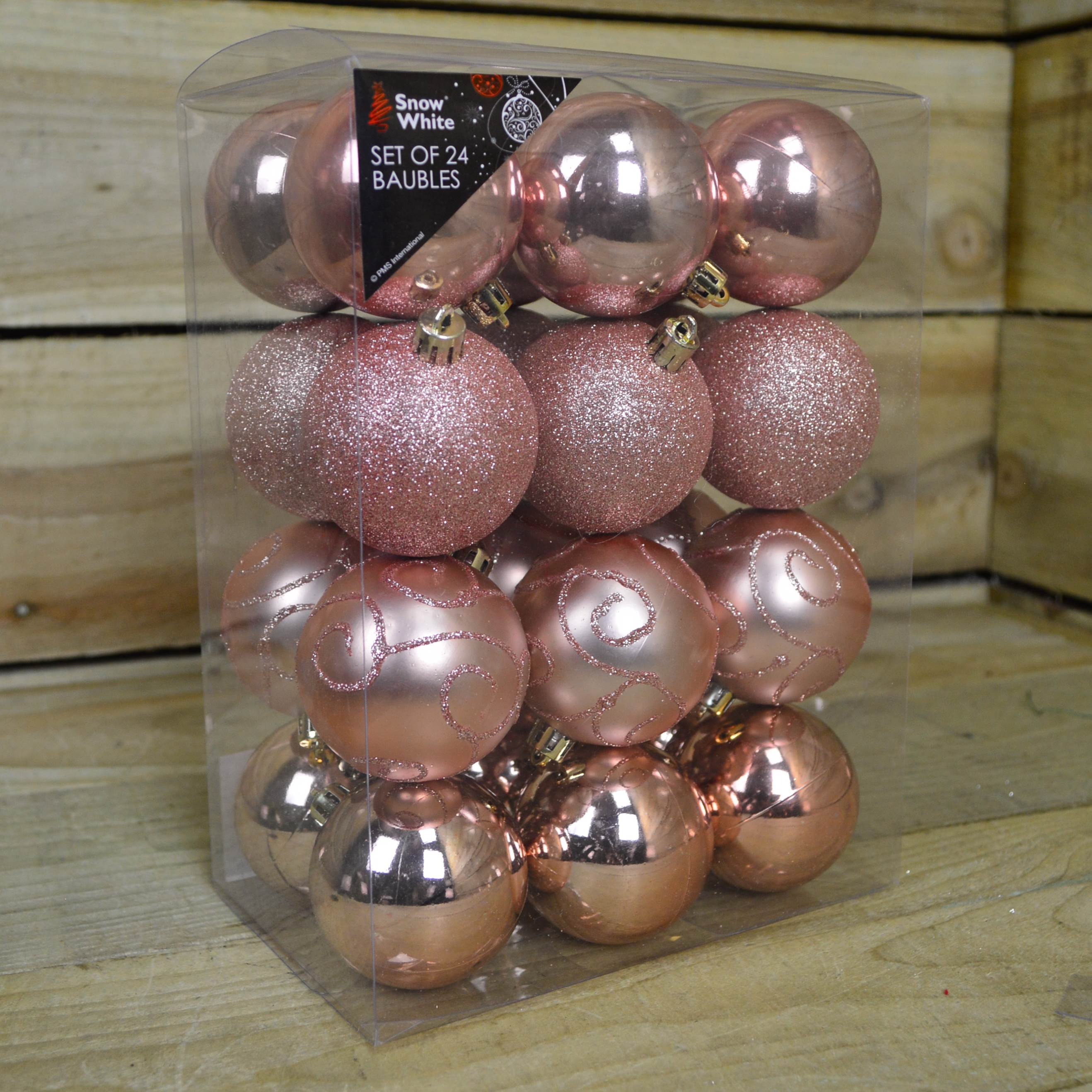 24 Pack 6cm Christmas Tree Baubles 4 Mixed Designs - Rose Gold / Pink