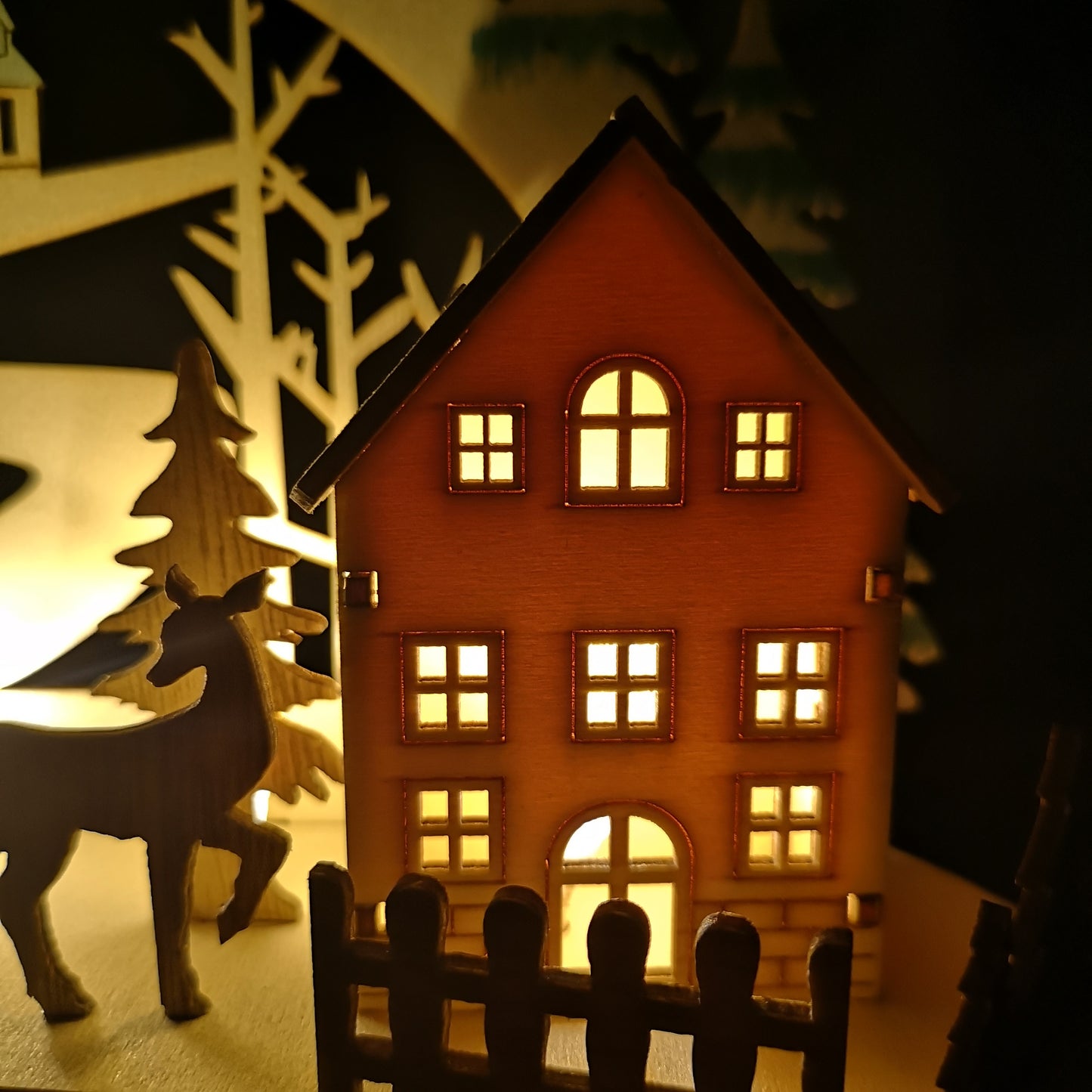 19cm Battery Operated Light up Warm White Christmas Winter Wooden Village Scene with Reindeer