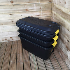 3 x 75L Heavy Duty Trunks on Wheels Sturdy, Lockable, Stackable and Nestable Design Storage Chest with Clips in Black