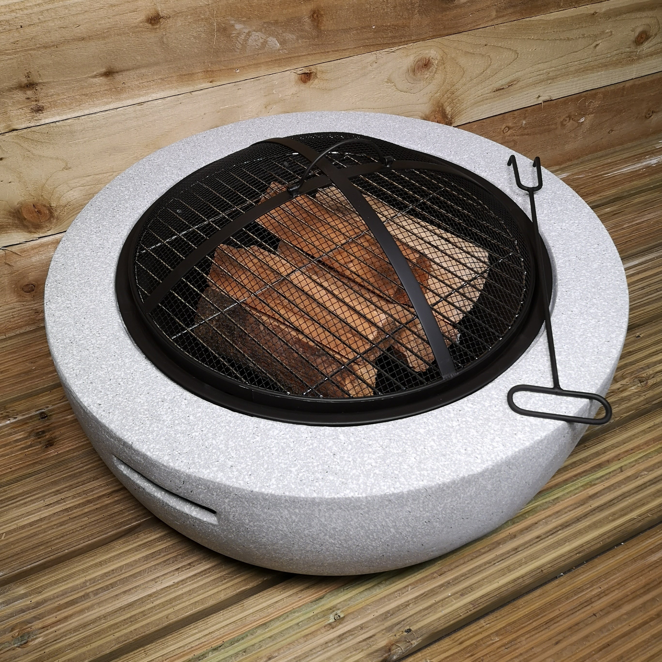 ⌀60cm Luxury Concrete Effect Garden Fire Pit & BBQ Grill Heater Outdoor Log Burner