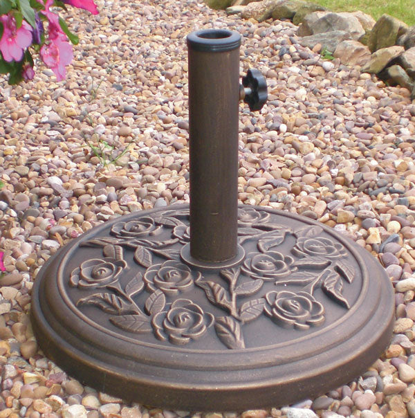 9kg 45cm Dia. Cast Iron Effect Garden Parasol Base - Bronze with Rose Design